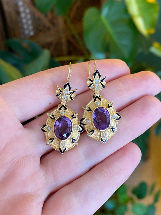 Vintage Solid 14k Yellow Gold Enamel Seed Pearls Amethyst Dangle Earrings