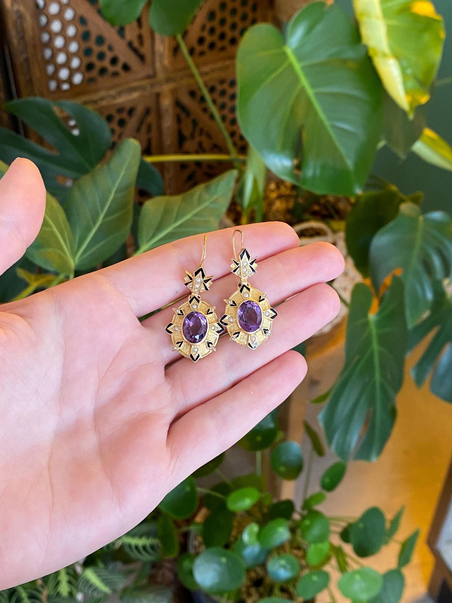 Vintage Solid 14k Yellow Gold Enamel Seed Pearls Amethyst Dangle Earrings
