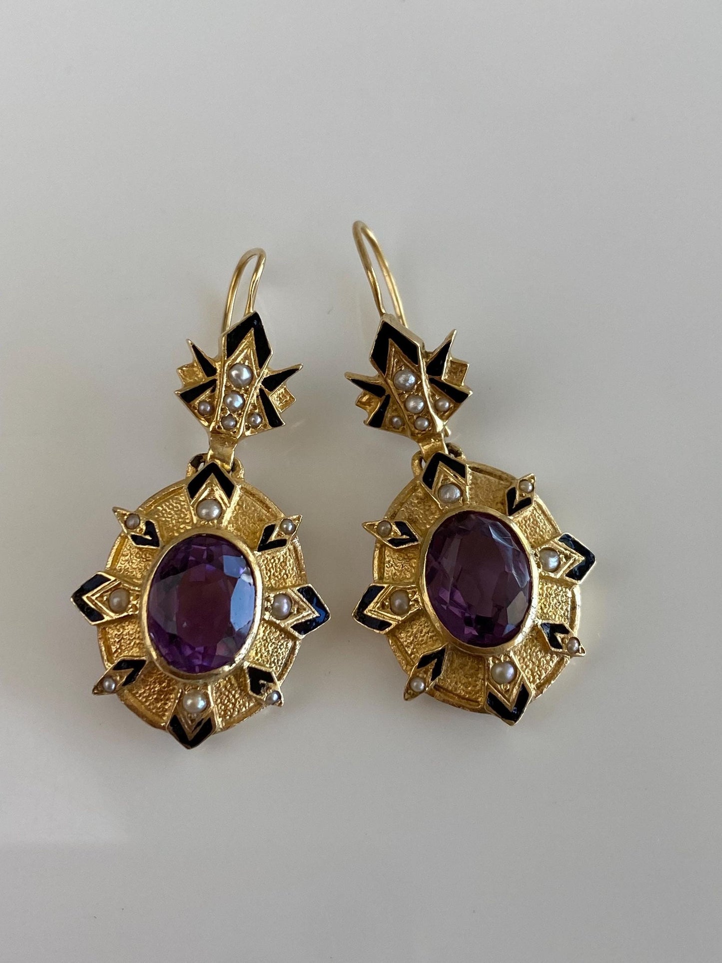 Vintage Solid 14k Yellow Gold Enamel Seed Pearls Amethyst Dangle Earrings