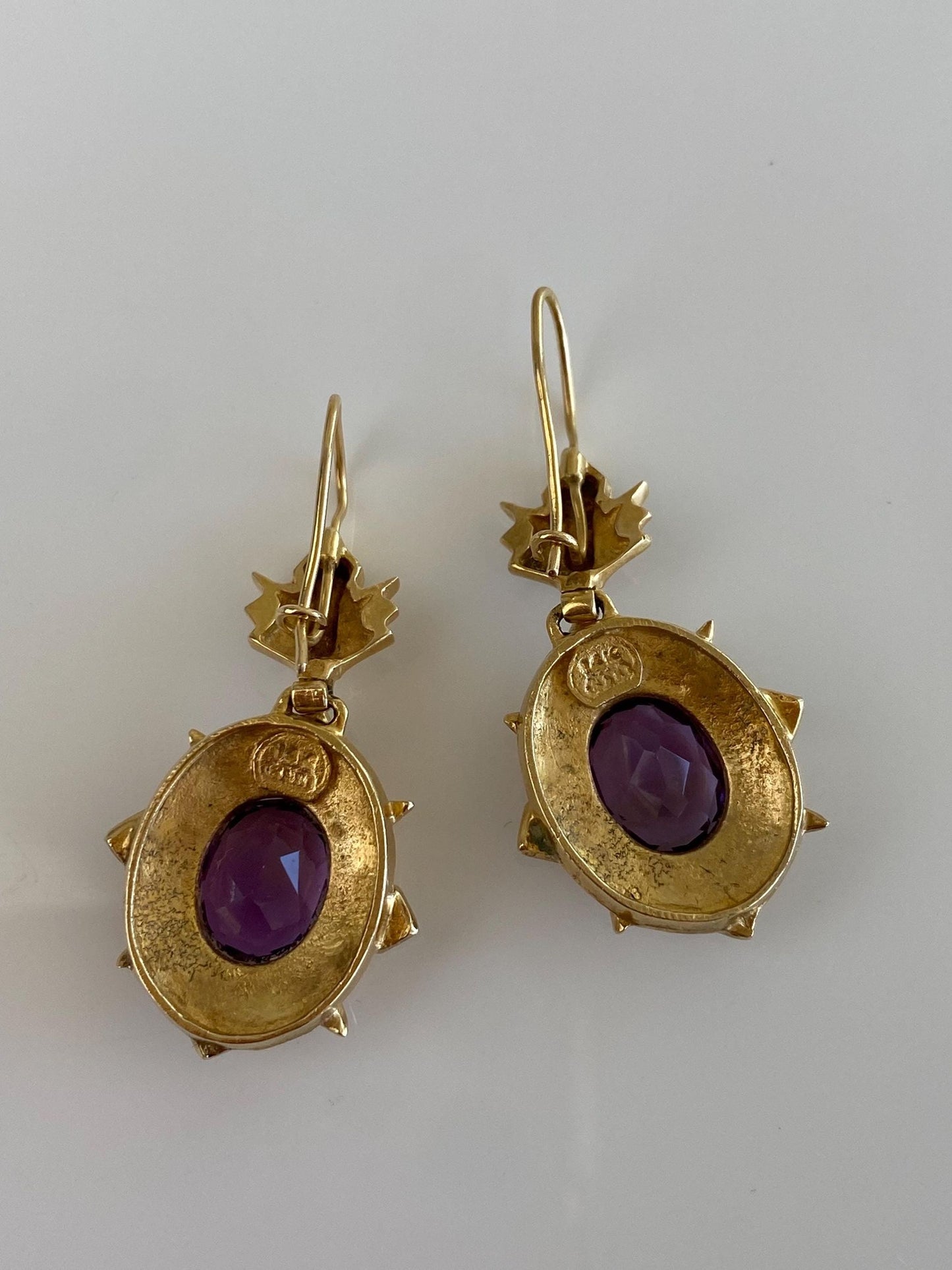 Vintage Solid 14k Yellow Gold Enamel Seed Pearls Amethyst Dangle Earrings