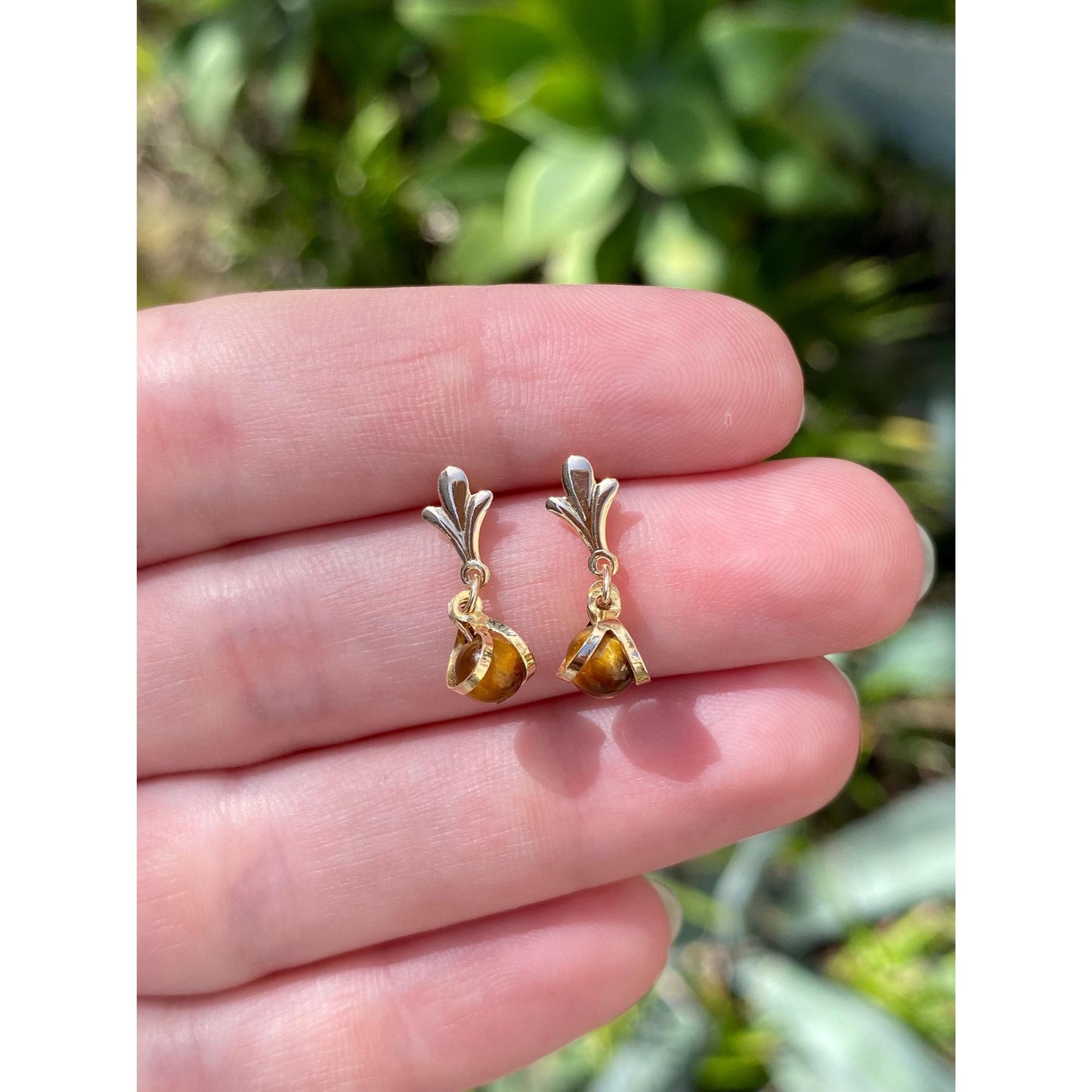 Solid 14k Yellow Gold Tigers Eye Dangle Stud Earrings