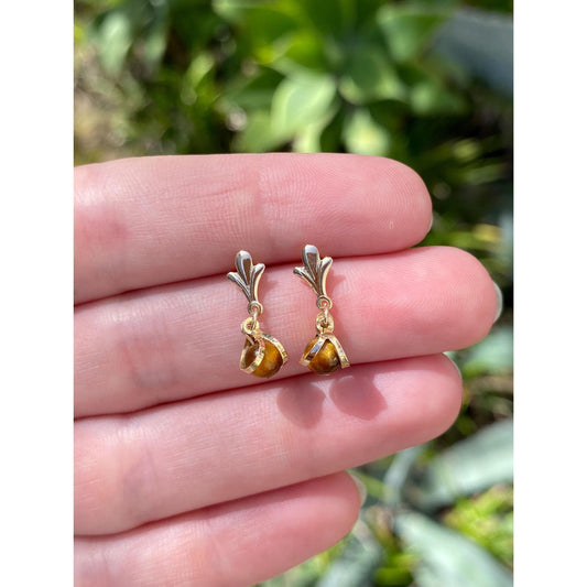 Solid 14k Yellow Gold Tigers Eye Dangle Stud Earrings