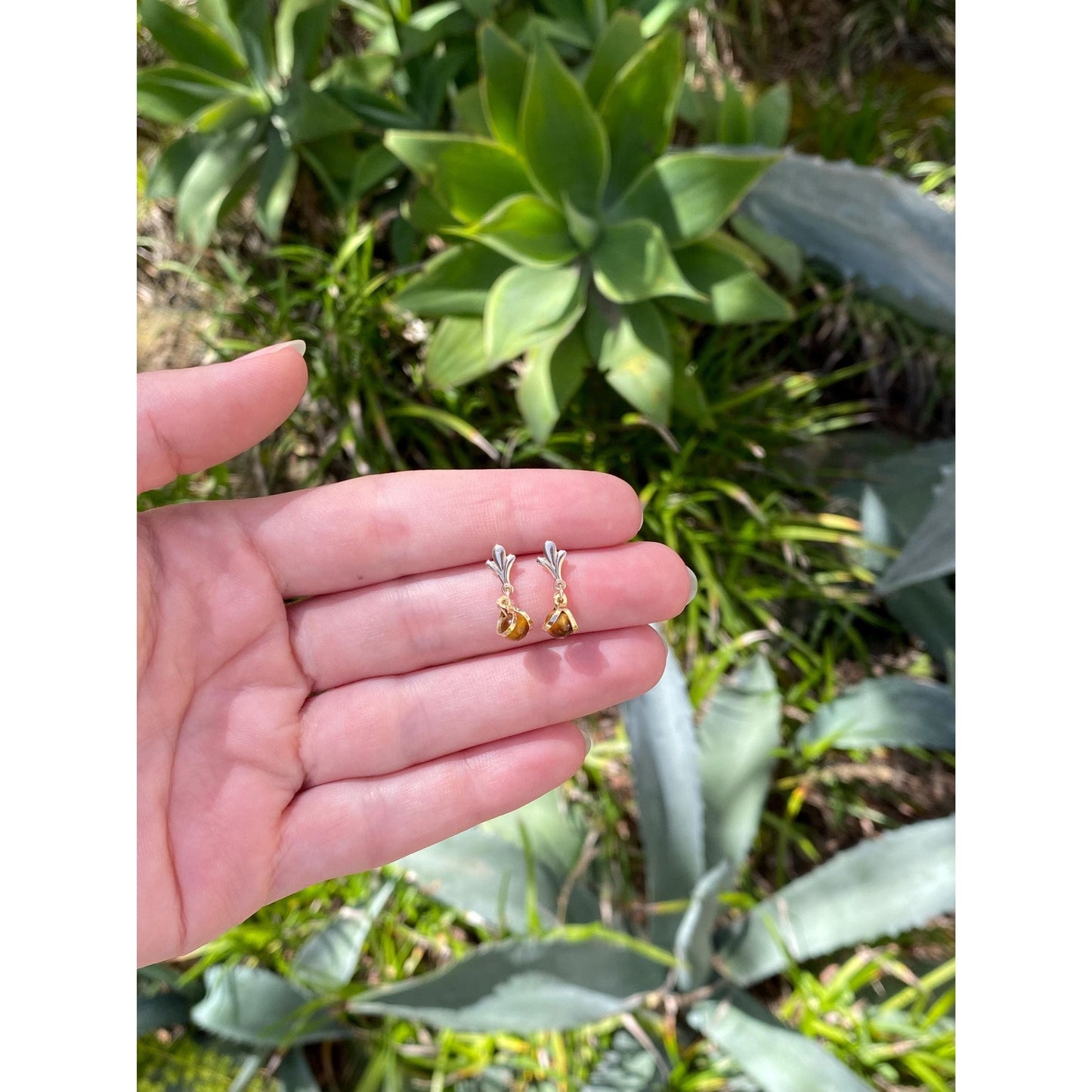 Solid 14k Yellow Gold Tigers Eye Dangle Stud Earrings