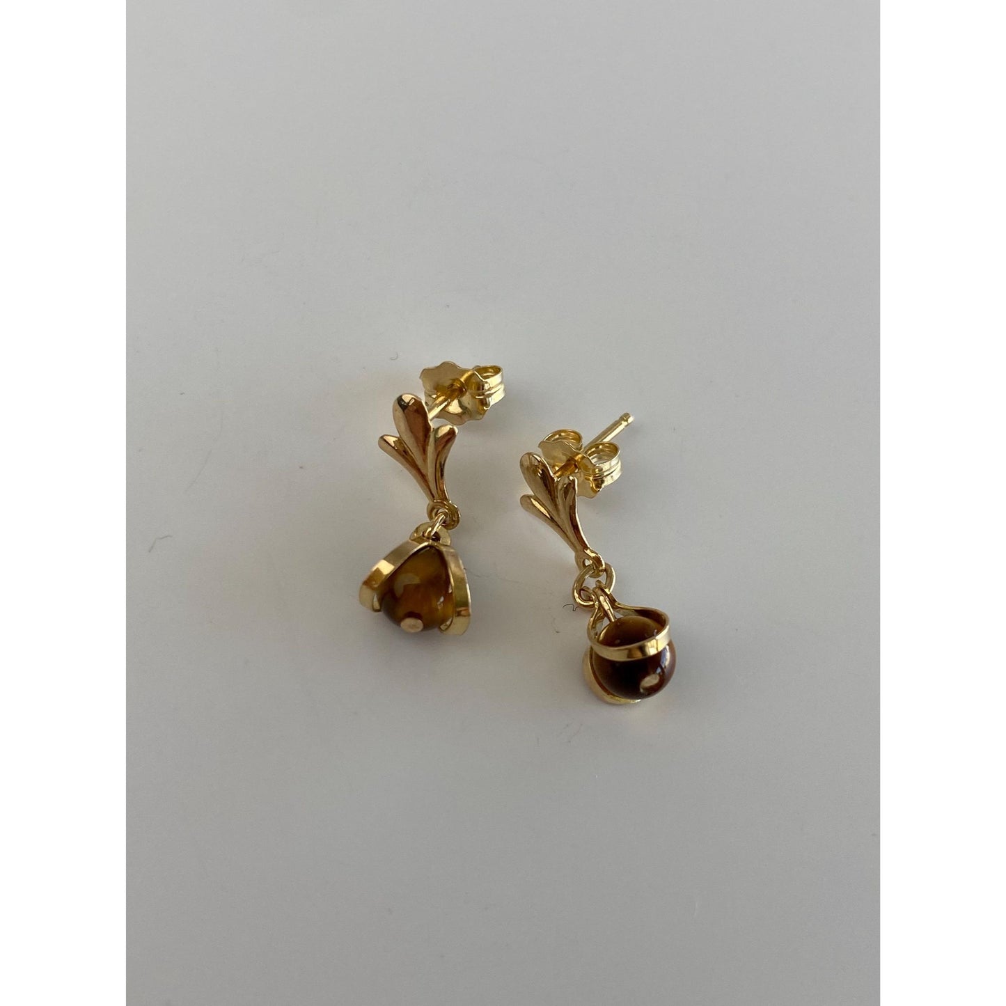Solid 14k Yellow Gold Tigers Eye Dangle Stud Earrings