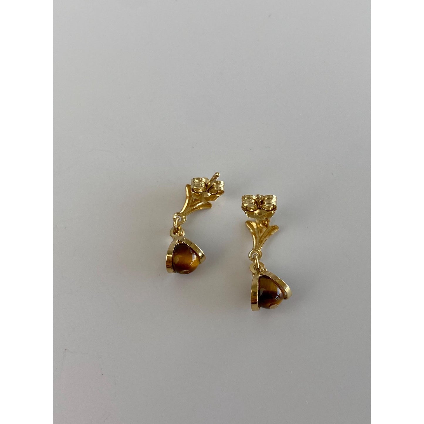 Solid 14k Yellow Gold Tigers Eye Dangle Stud Earrings
