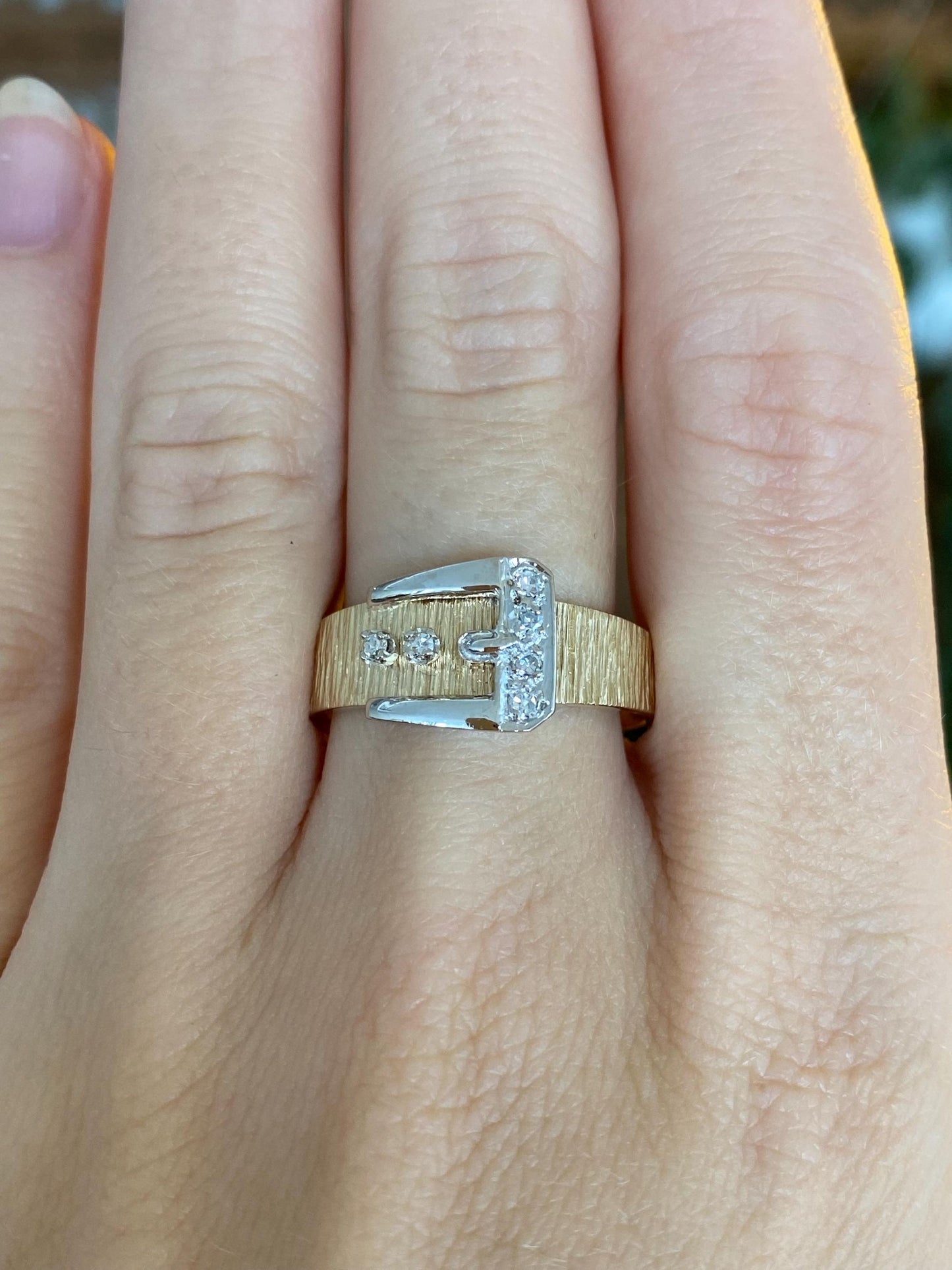 Vintage Solid 14k White & Yellow Gold Diamonds Satin Texture Buckle Ring - Size 10