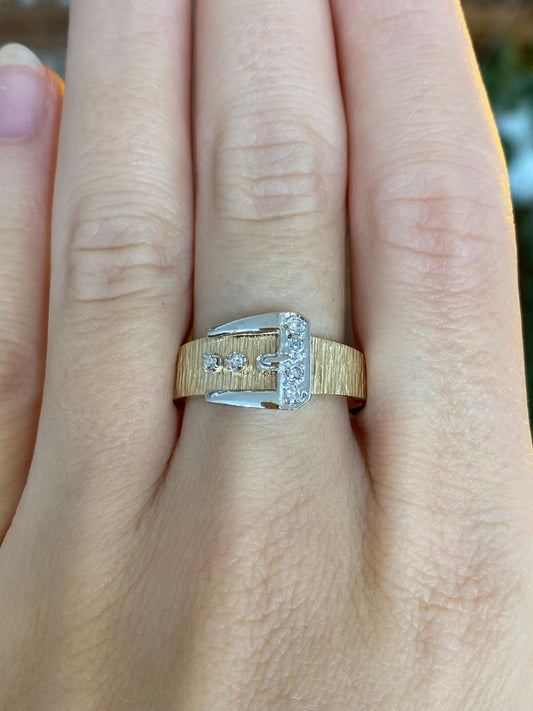 Vintage Solid 14k White & Yellow Gold Diamonds Satin Texture Buckle Ring - Size 10