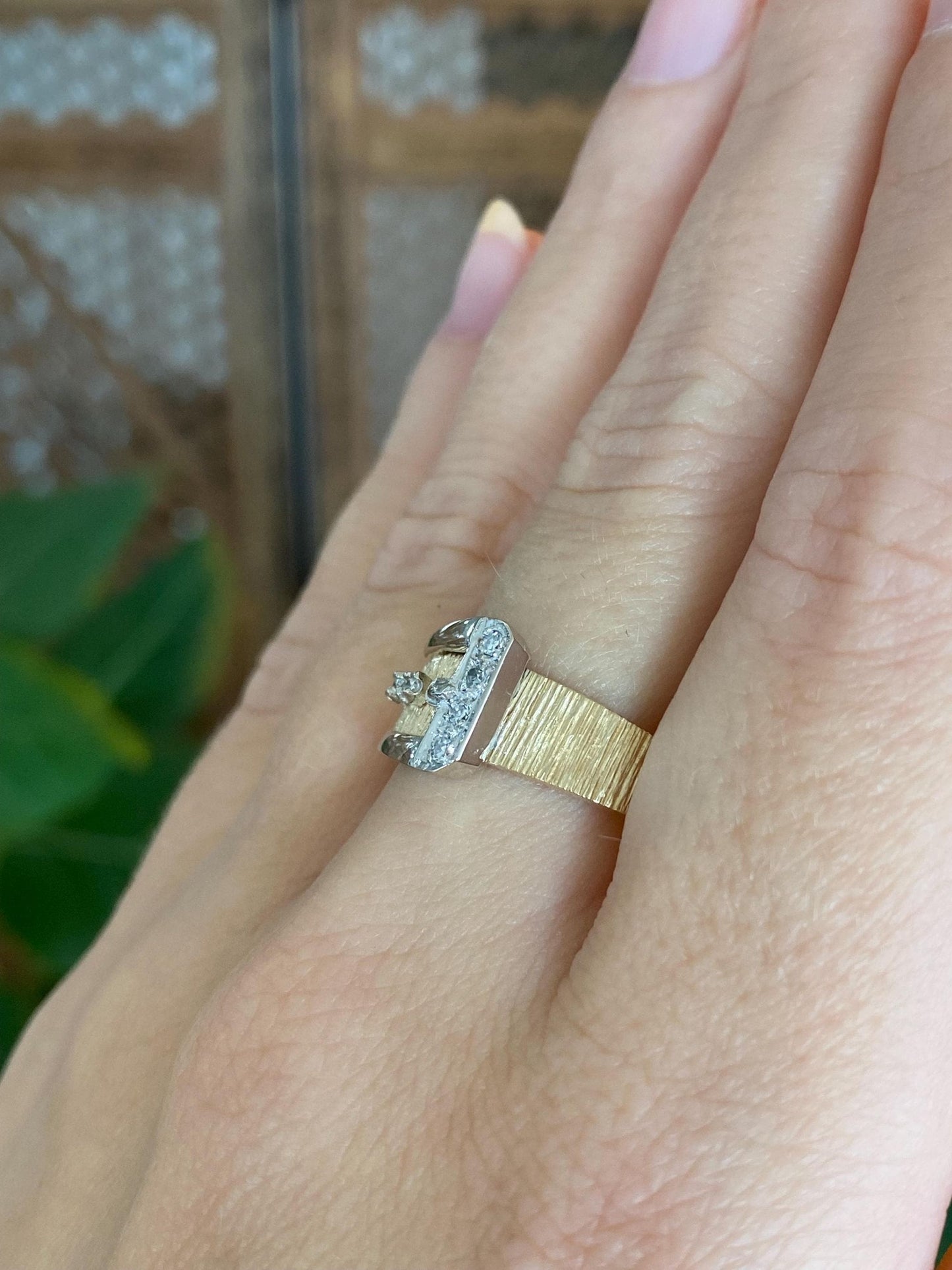 Vintage Solid 14k White & Yellow Gold Diamonds Satin Texture Buckle Ring - Size 10