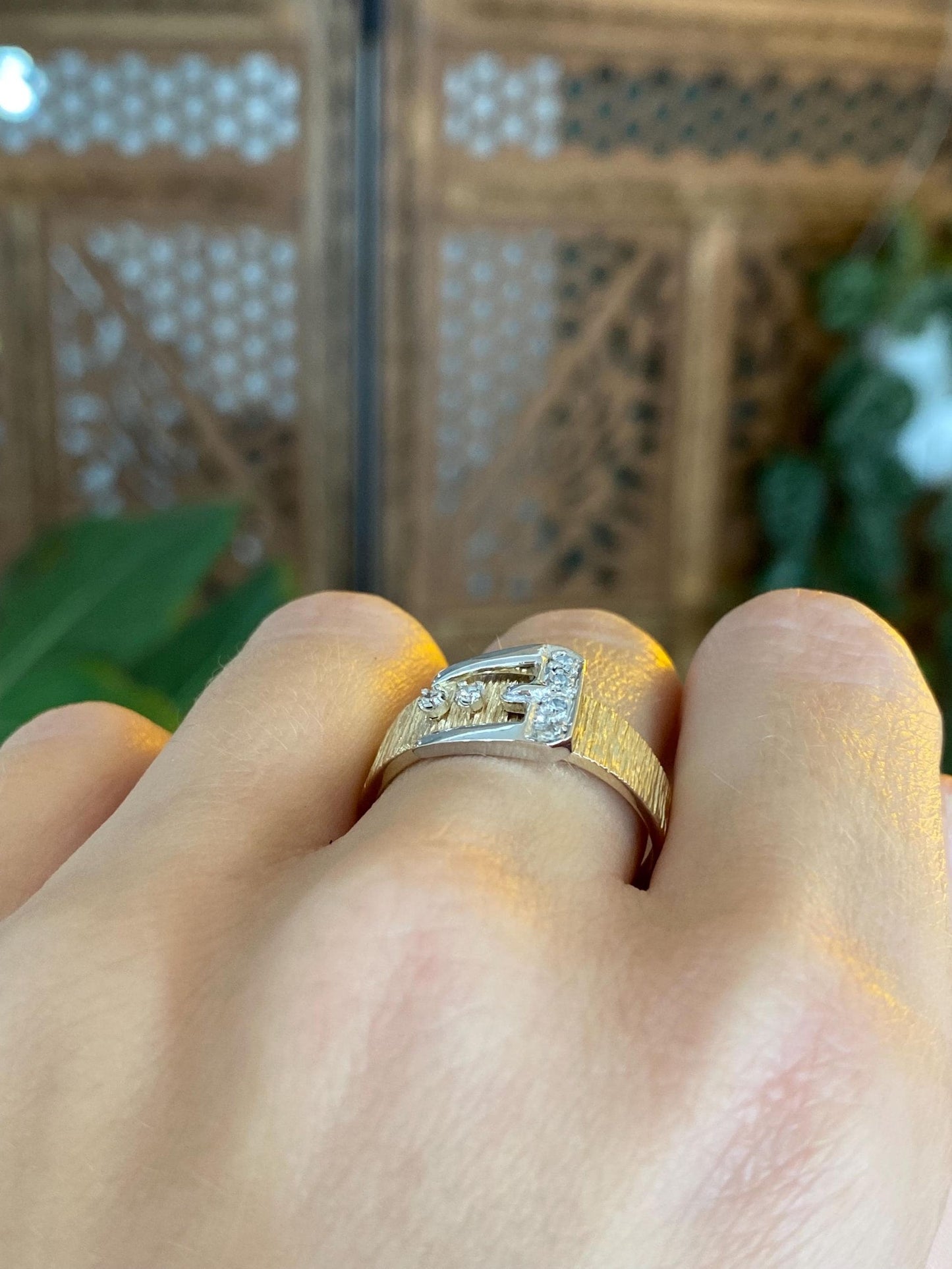 Vintage Solid 14k White & Yellow Gold Diamonds Satin Texture Buckle Ring - Size 10
