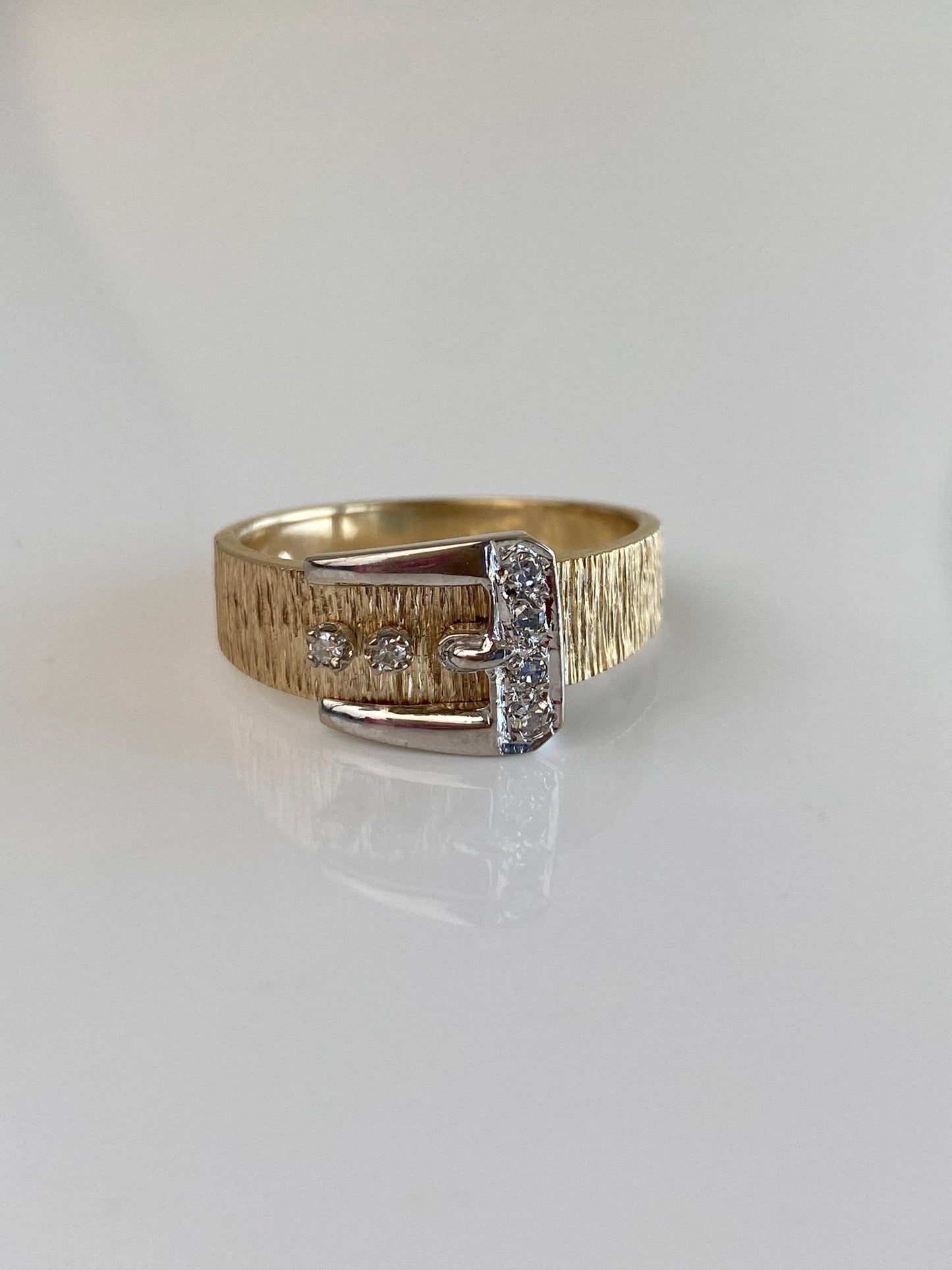 Vintage Solid 14k White & Yellow Gold Diamonds Satin Texture Buckle Ring - Size 10