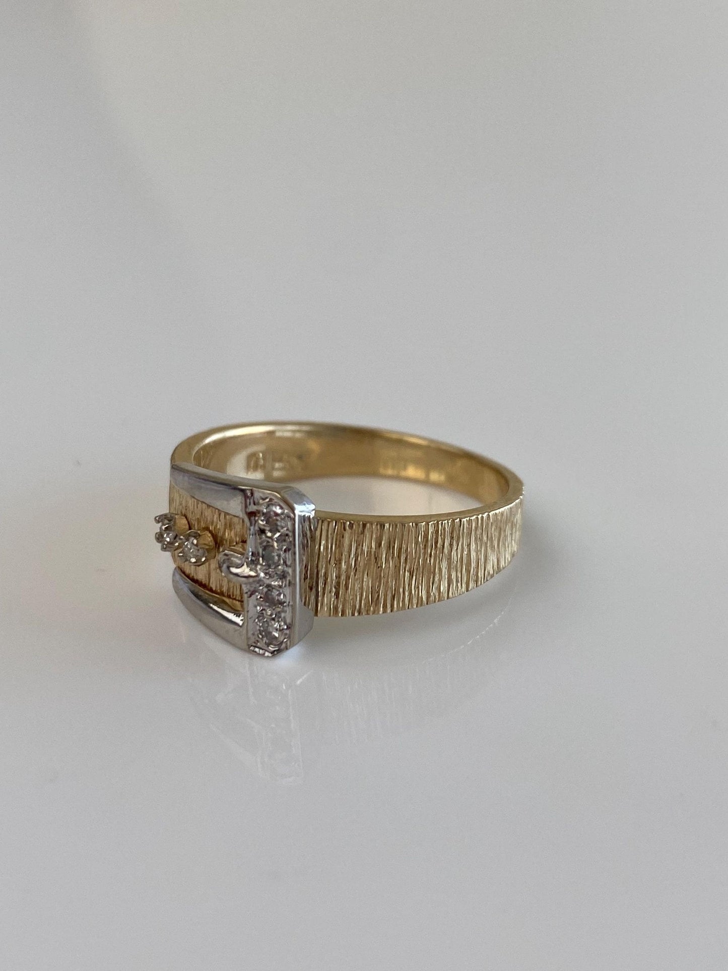 Vintage Solid 14k White & Yellow Gold Diamonds Satin Texture Buckle Ring - Size 10