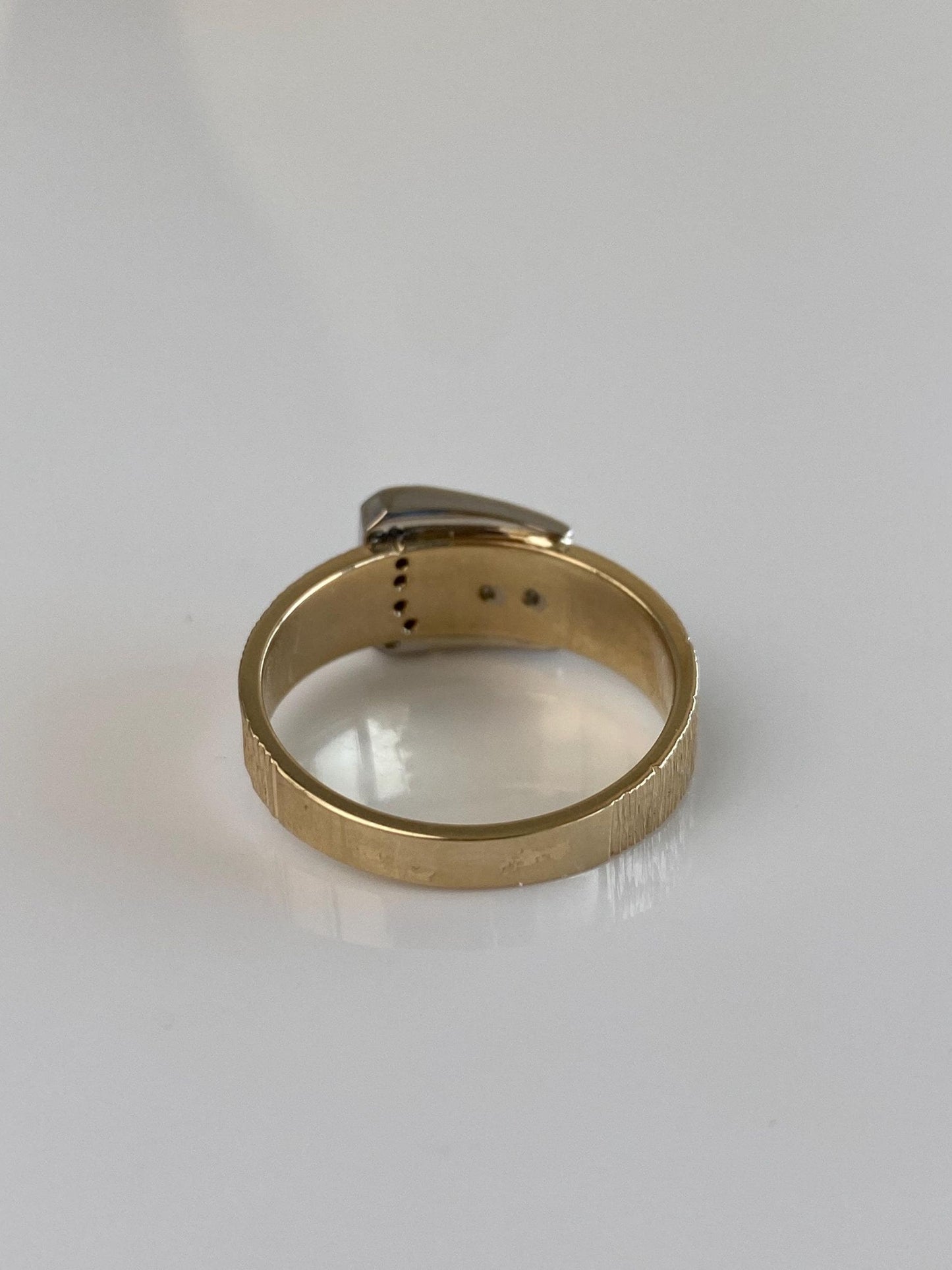 Vintage Solid 14k White & Yellow Gold Diamonds Satin Texture Buckle Ring - Size 10