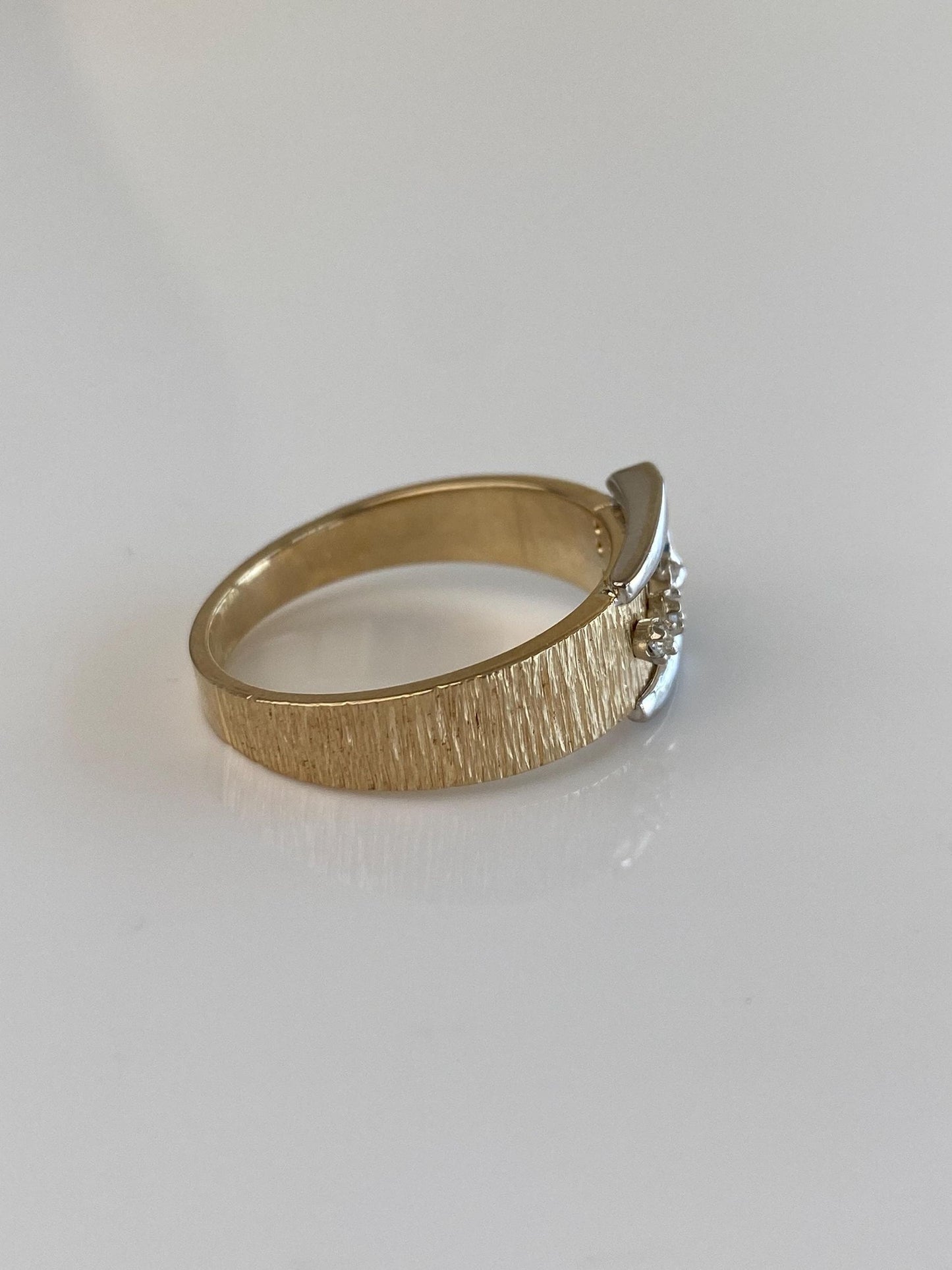 Vintage Solid 14k White & Yellow Gold Diamonds Satin Texture Buckle Ring - Size 10