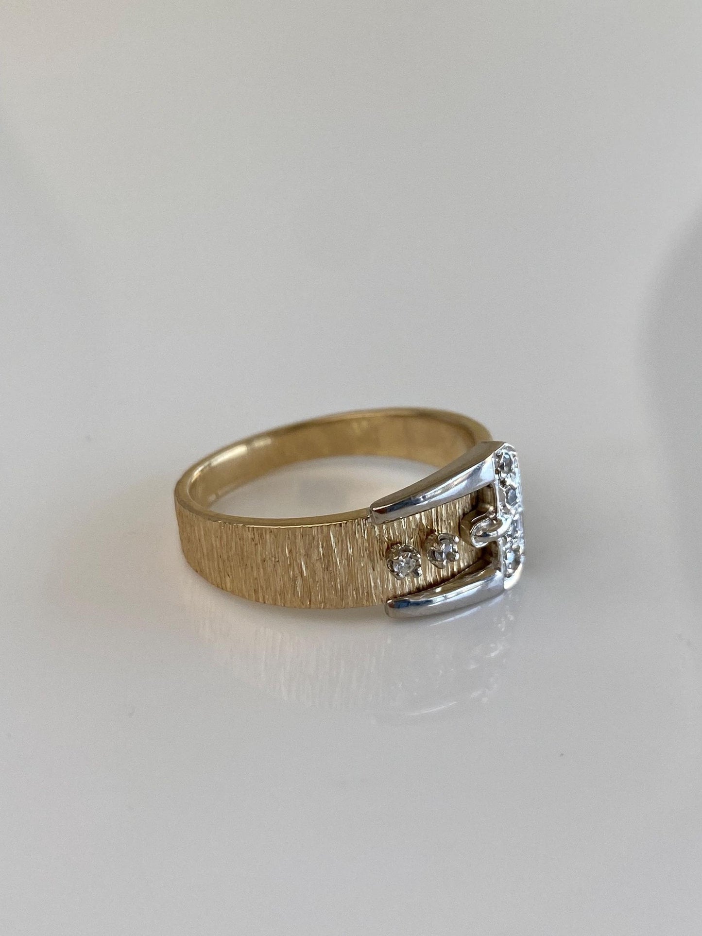 Vintage Solid 14k White & Yellow Gold Diamonds Satin Texture Buckle Ring - Size 10