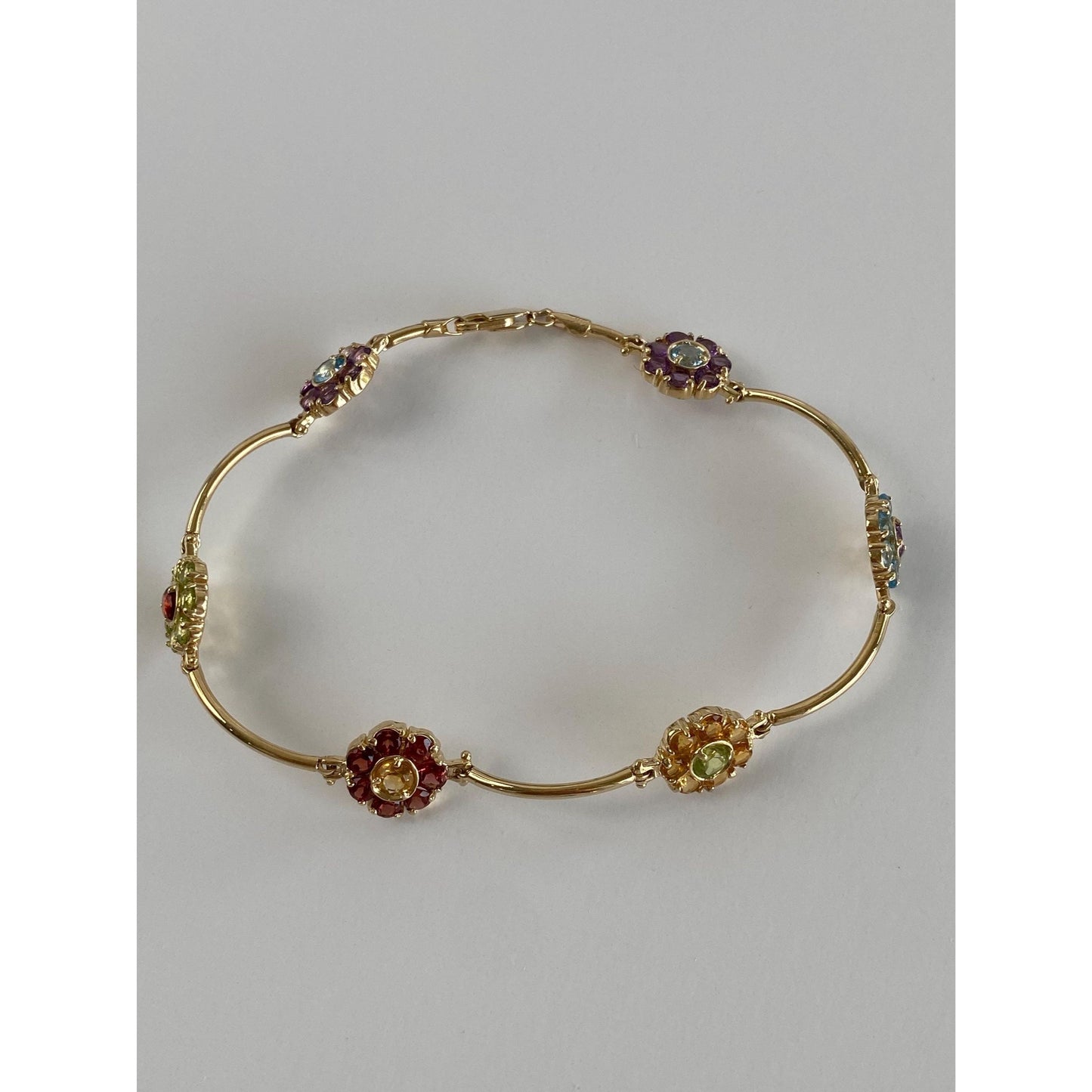 Vintage Solid 14k Yellow Gold Citrine Amethyst Topaz Garnet Peridot Flower Link Bracelet - 8.5 inches
