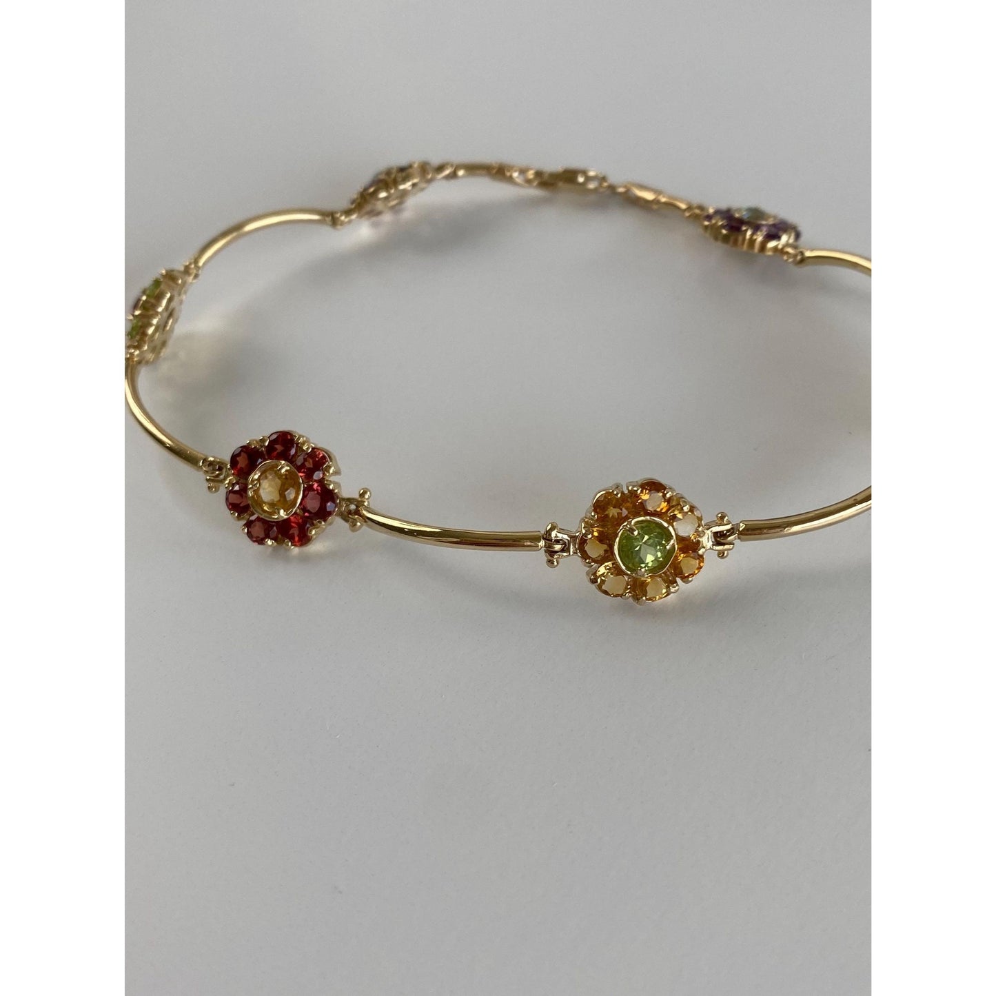 Vintage Solid 14k Yellow Gold Citrine Amethyst Topaz Garnet Peridot Flower Link Bracelet - 8.5 inches
