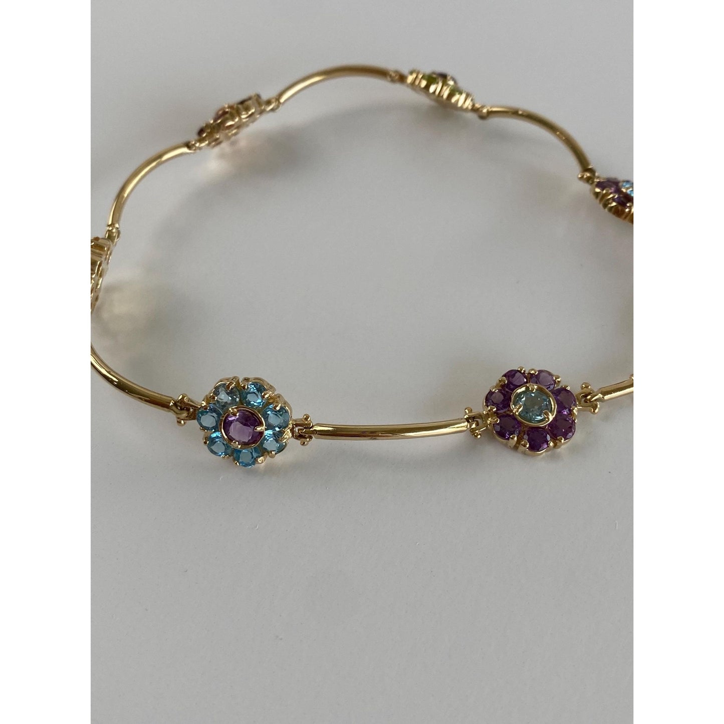 Vintage Solid 14k Yellow Gold Citrine Amethyst Topaz Garnet Peridot Flower Link Bracelet - 8.5 inches
