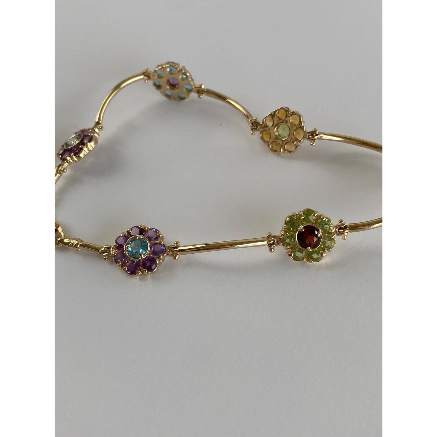Vintage Solid 14k Yellow Gold Citrine Amethyst Topaz Garnet Peridot Flower Link Bracelet - 8.5 inches