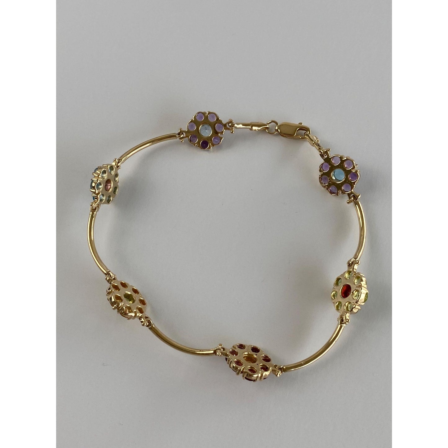 Vintage Solid 14k Yellow Gold Citrine Amethyst Topaz Garnet Peridot Flower Link Bracelet - 8.5 inches