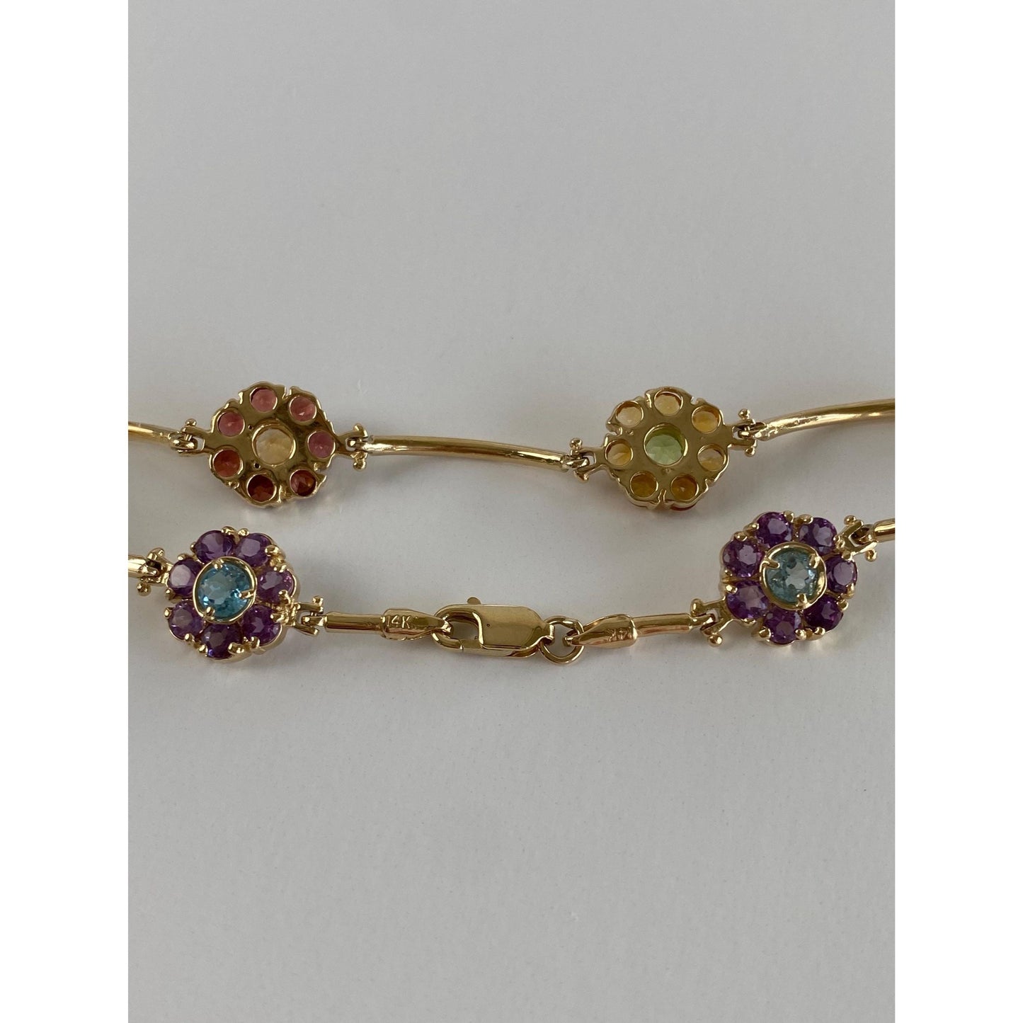 Vintage Solid 14k Yellow Gold Citrine Amethyst Topaz Garnet Peridot Flower Link Bracelet - 8.5 inches