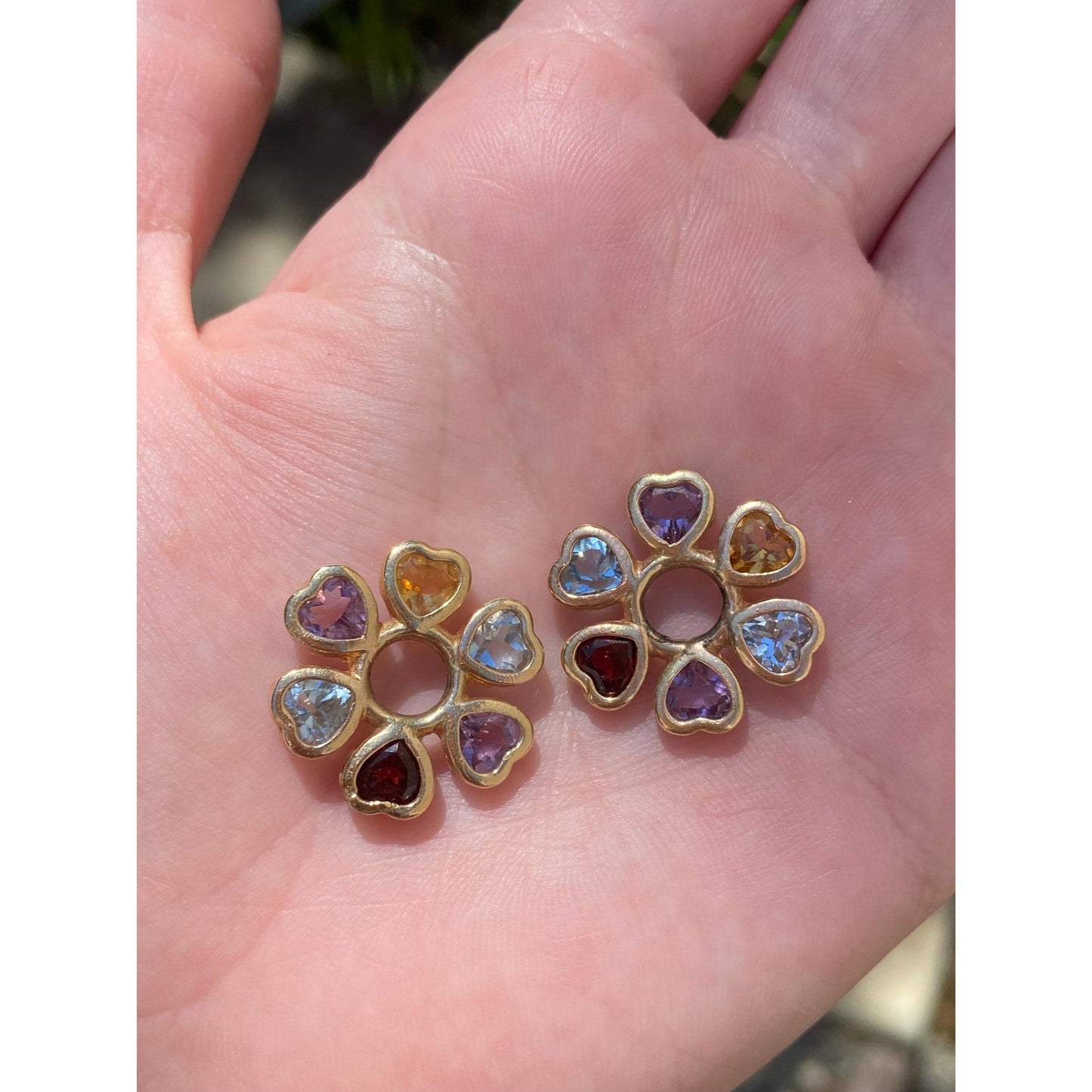 Vintage Solid 14k Yellow Gold Garnet Topaz Citrine Amethyst Hearts Hoop Charms