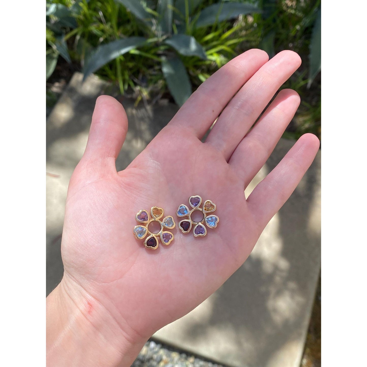 Vintage Solid 14k Yellow Gold Garnet Topaz Citrine Amethyst Hearts Hoop Charms