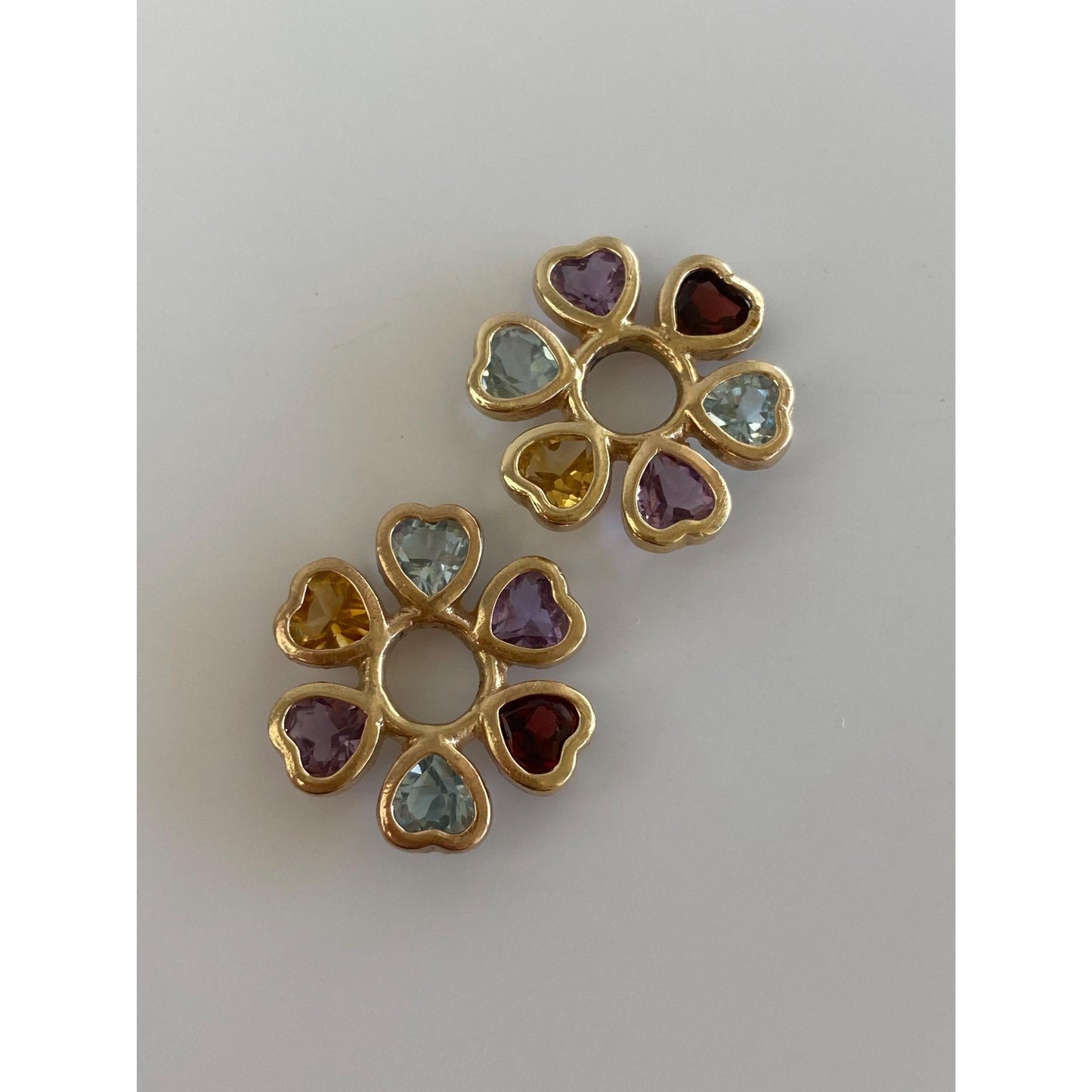 Vintage Solid 14k Yellow Gold Garnet Topaz Citrine Amethyst Hearts Hoop Charms