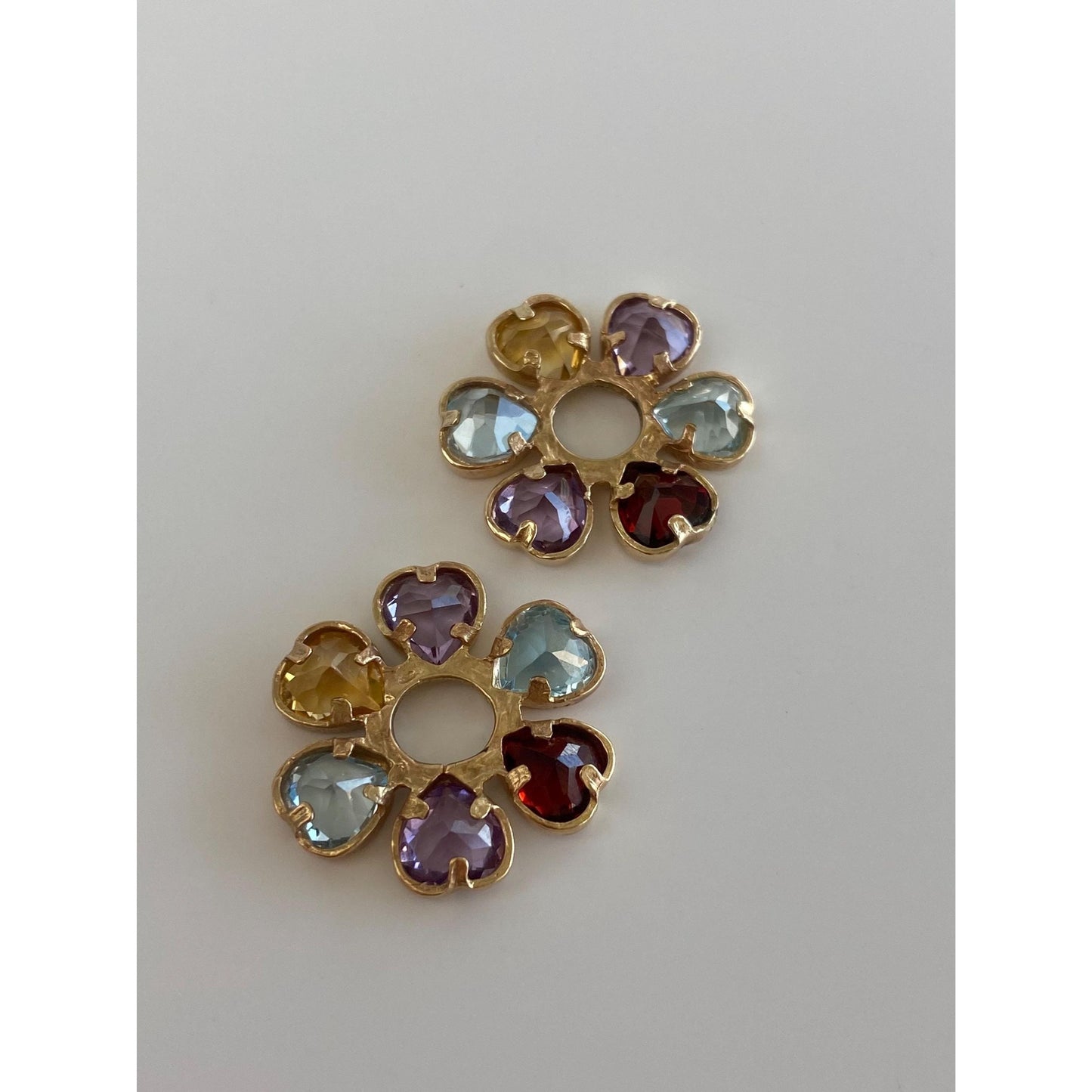 Vintage Solid 14k Yellow Gold Garnet Topaz Citrine Amethyst Hearts Hoop Charms