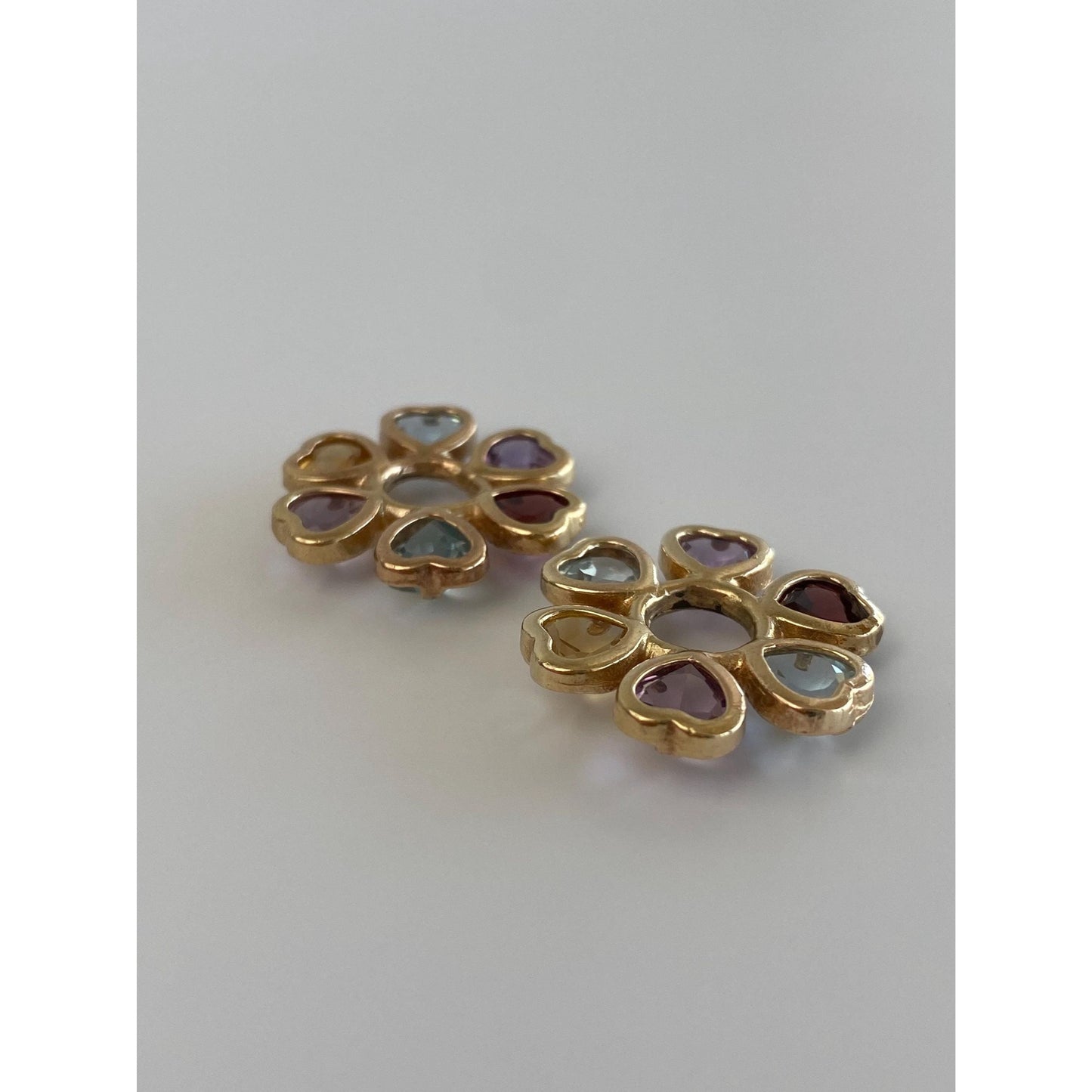 Vintage Solid 14k Yellow Gold Garnet Topaz Citrine Amethyst Hearts Hoop Charms