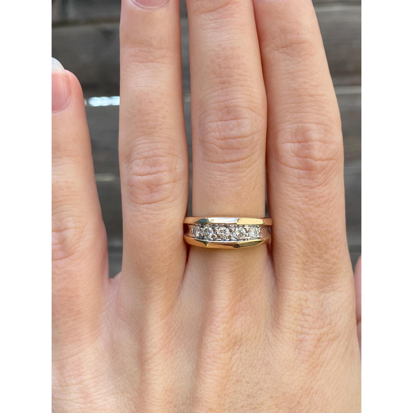 Vintage Solid 14k White & Yellow Gold Diamond Faceted Ring Band - Size 6.75