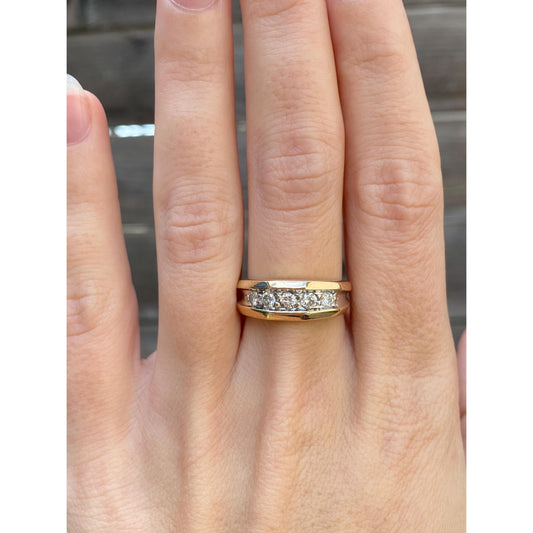 Vintage Solid 14k White & Yellow Gold Diamond Faceted Ring Band - Size 6.75