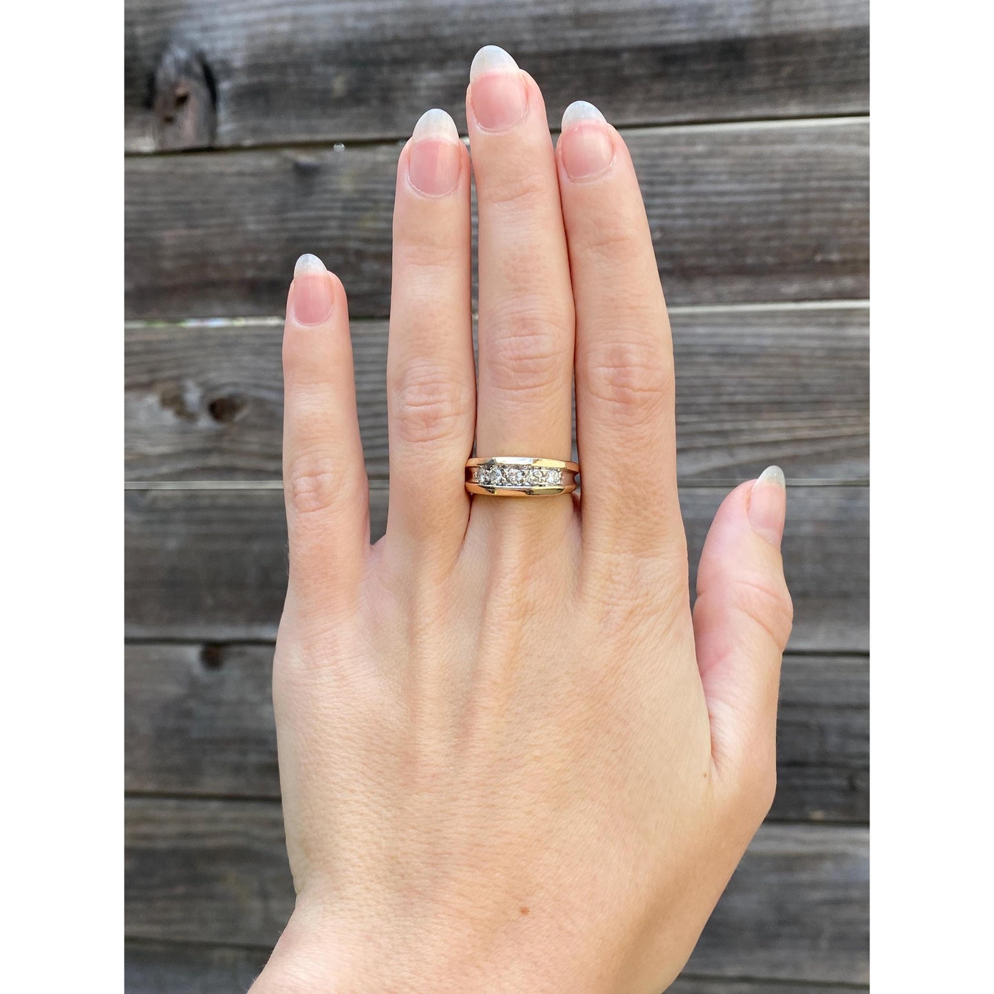 Vintage Solid 14k White & Yellow Gold Diamond Faceted Ring Band - Size 6.75