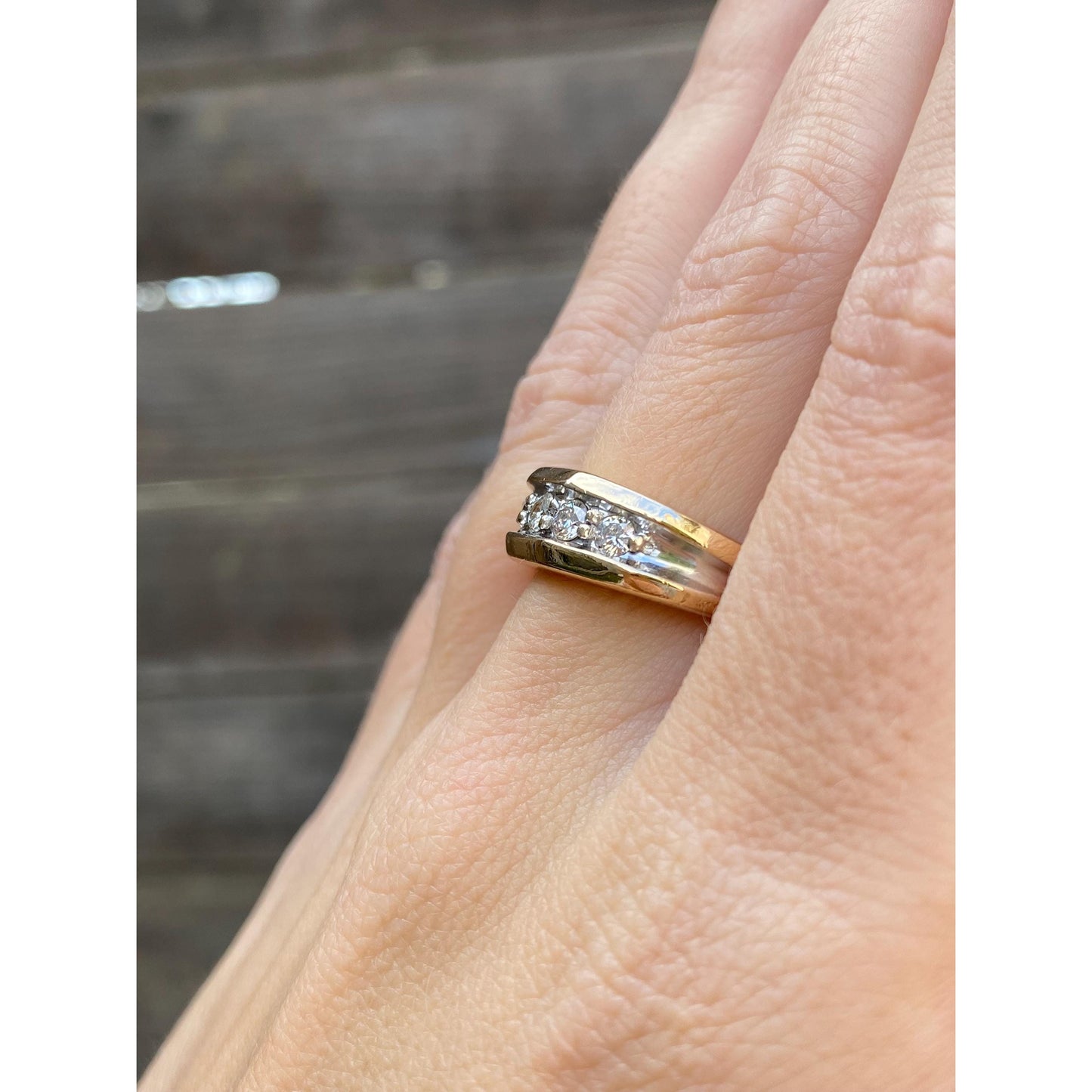 Vintage Solid 14k White & Yellow Gold Diamond Faceted Ring Band - Size 6.75