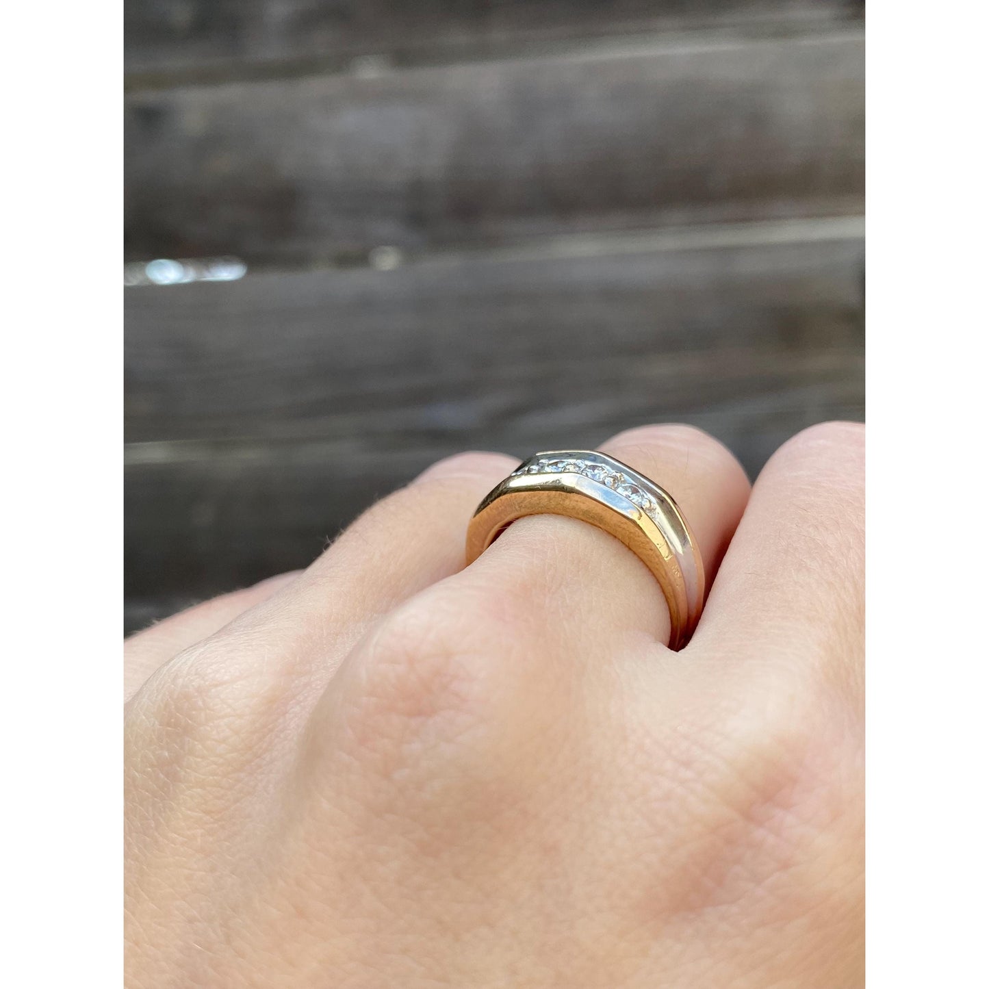 Vintage Solid 14k White & Yellow Gold Diamond Faceted Ring Band - Size 6.75