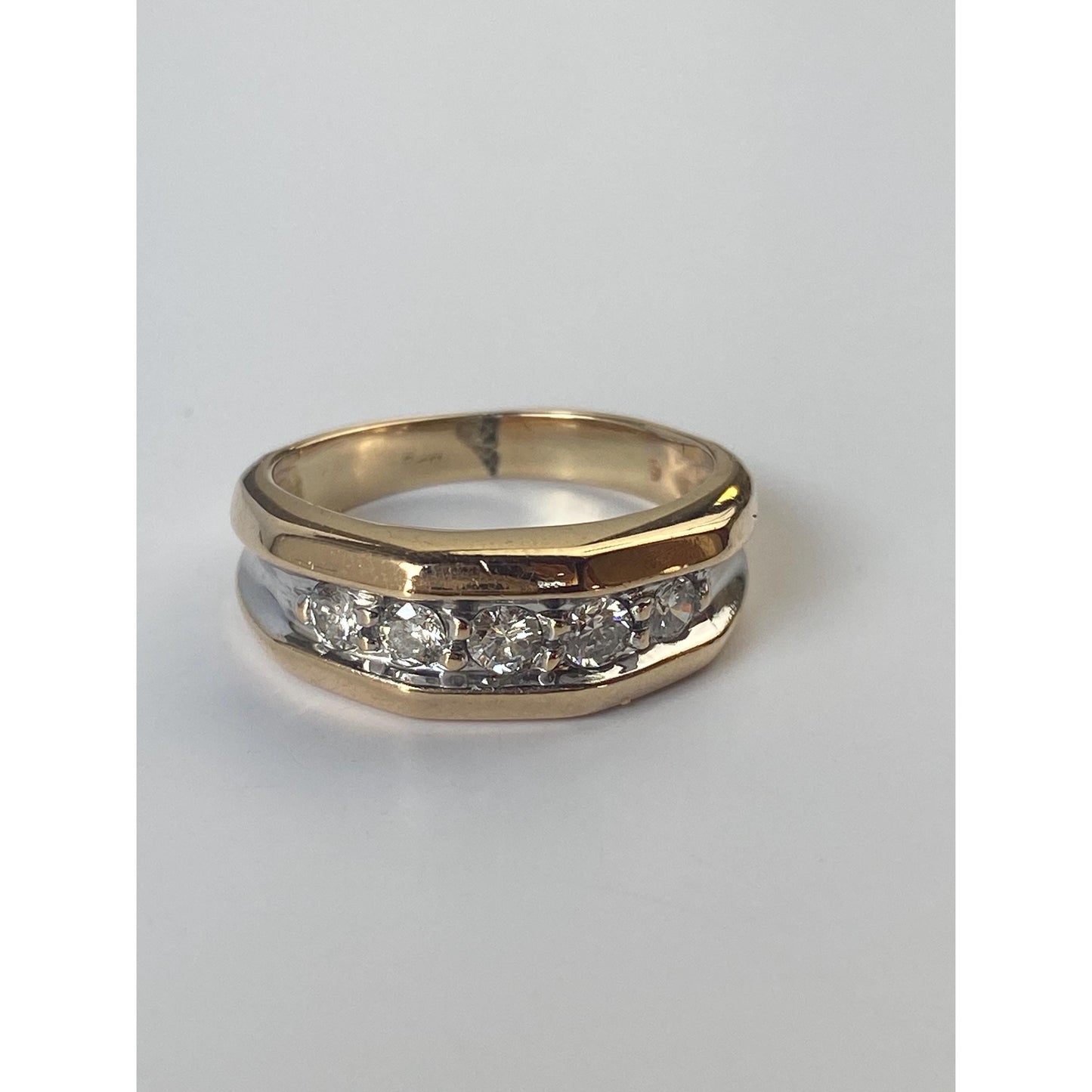 Vintage Solid 14k White & Yellow Gold Diamond Faceted Ring Band - Size 6.75