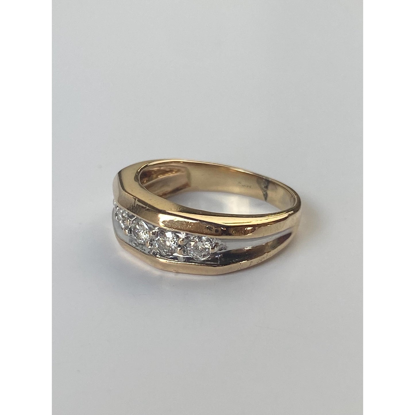 Vintage Solid 14k White & Yellow Gold Diamond Faceted Ring Band - Size 6.75