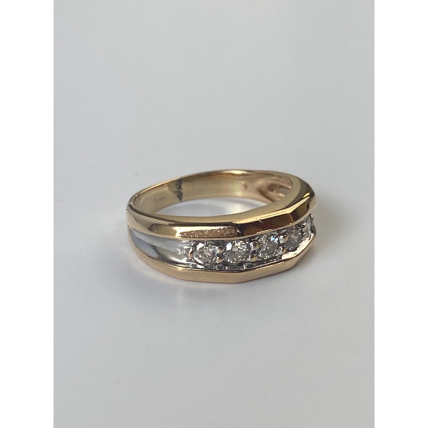 Vintage Solid 14k White & Yellow Gold Diamond Faceted Ring Band - Size 6.75