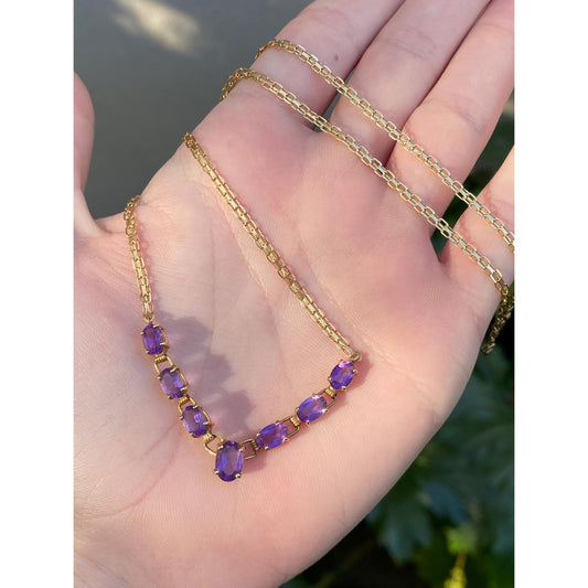 Vintage Solid 10k Yellow Gold Amethyst Link Flat Chain Necklace - 18 inches