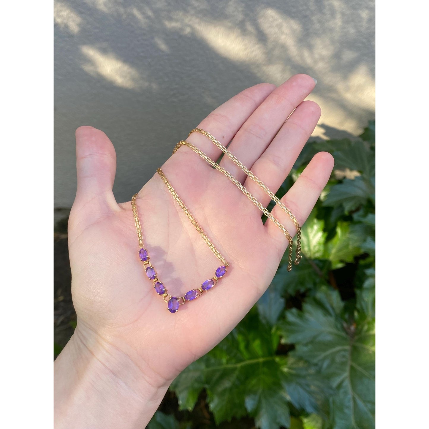 Vintage Solid 10k Yellow Gold Amethyst Link Flat Chain Necklace - 18 inches