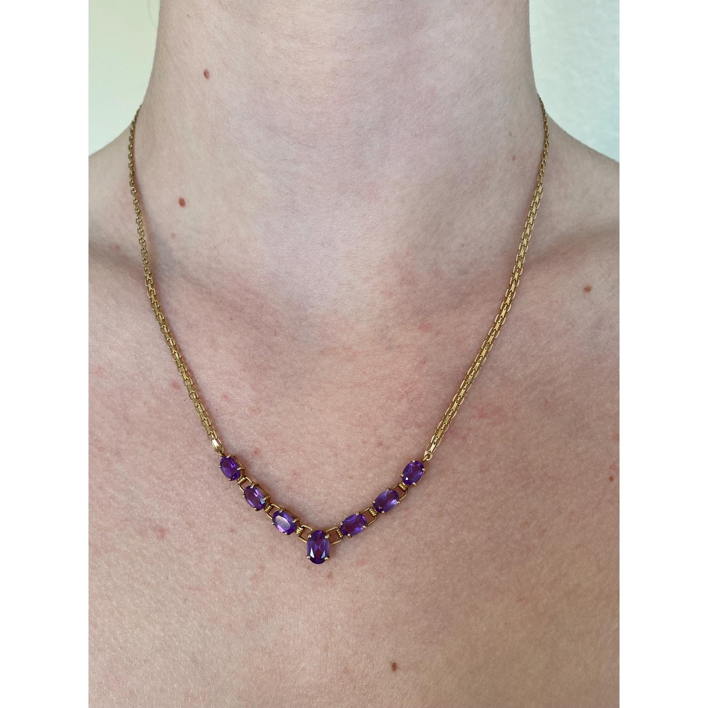 Vintage Solid 10k Yellow Gold Amethyst Link Flat Chain Necklace - 18 inches