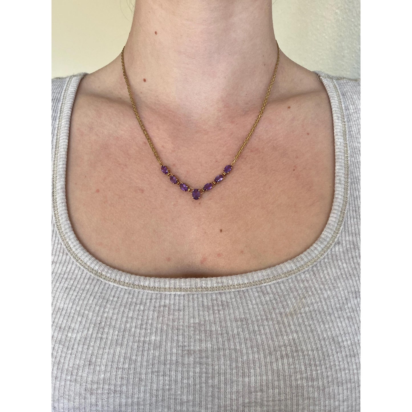 Vintage Solid 10k Yellow Gold Amethyst Link Flat Chain Necklace - 18 inches