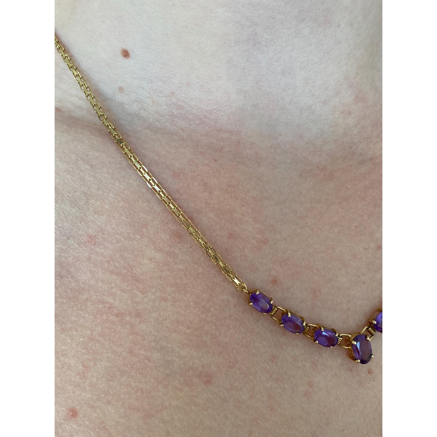 Vintage Solid 10k Yellow Gold Amethyst Link Flat Chain Necklace - 18 inches