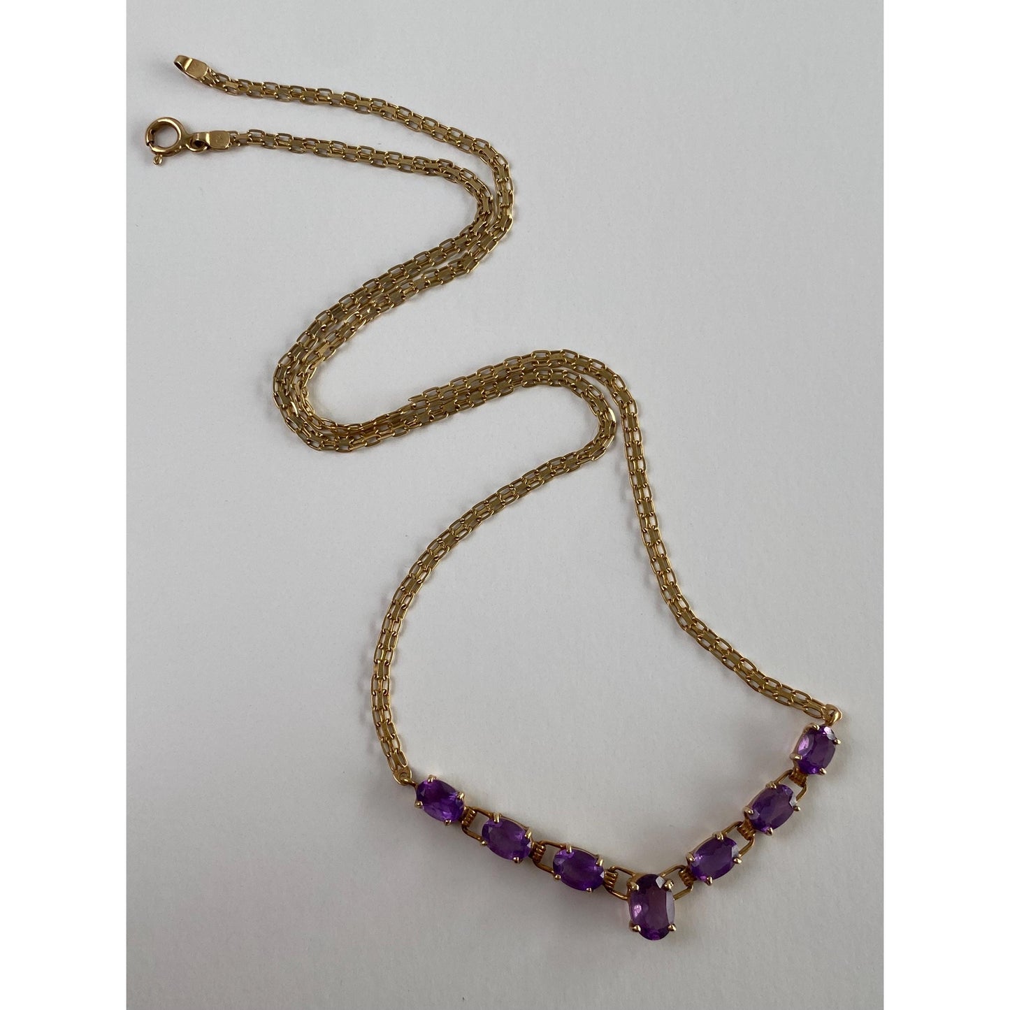 Vintage Solid 10k Yellow Gold Amethyst Link Flat Chain Necklace - 18 inches