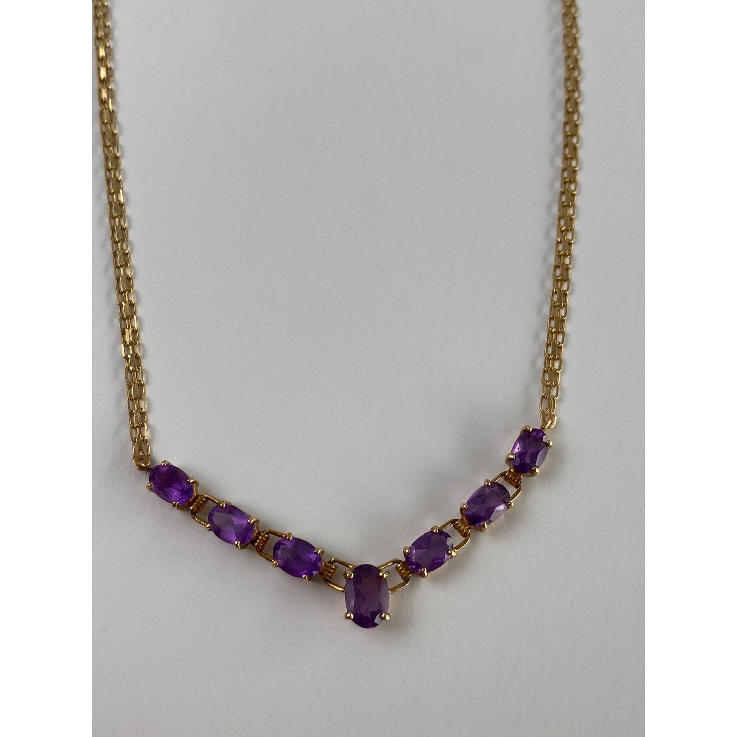 Vintage Solid 10k Yellow Gold Amethyst Link Flat Chain Necklace - 18 inches