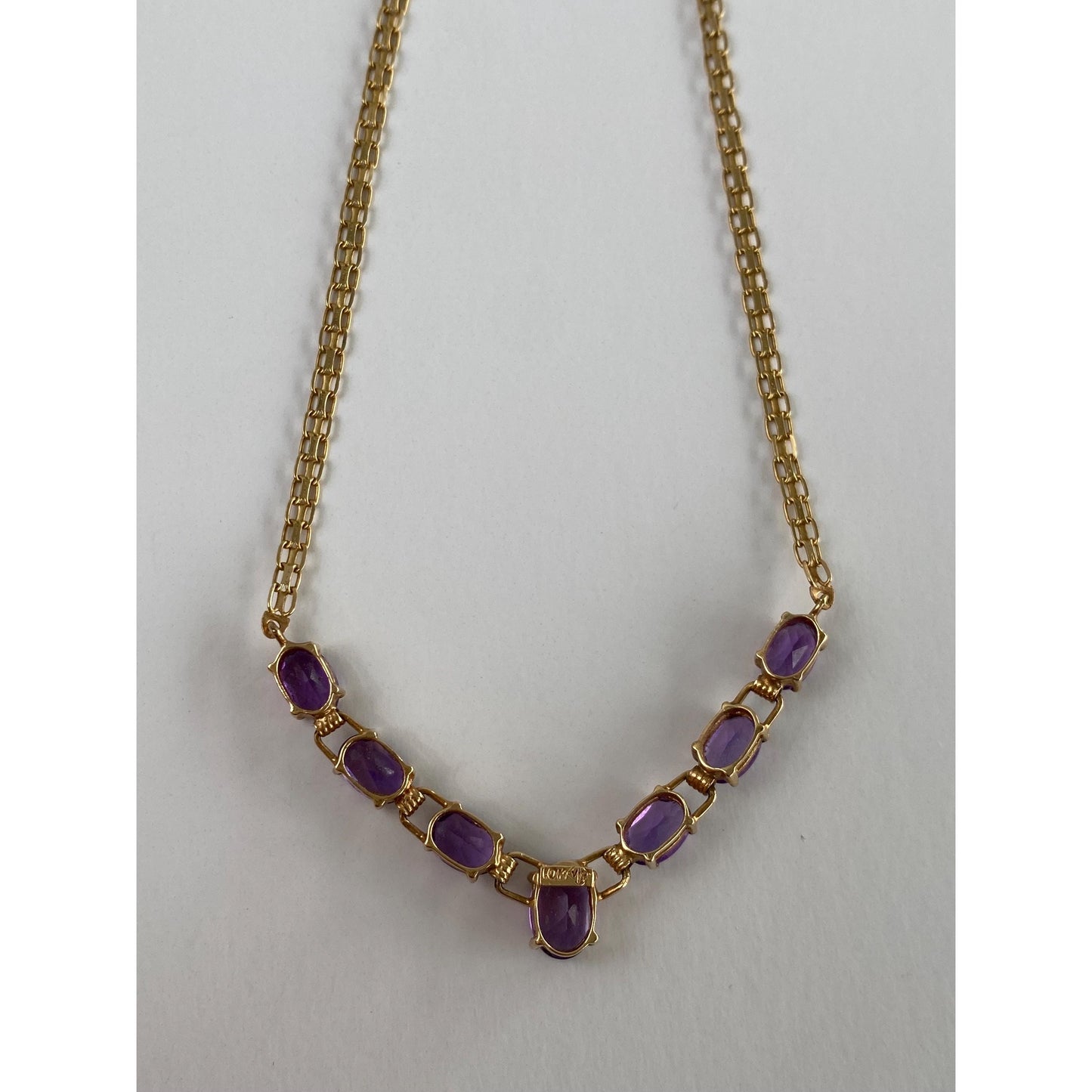 Vintage Solid 10k Yellow Gold Amethyst Link Flat Chain Necklace - 18 inches