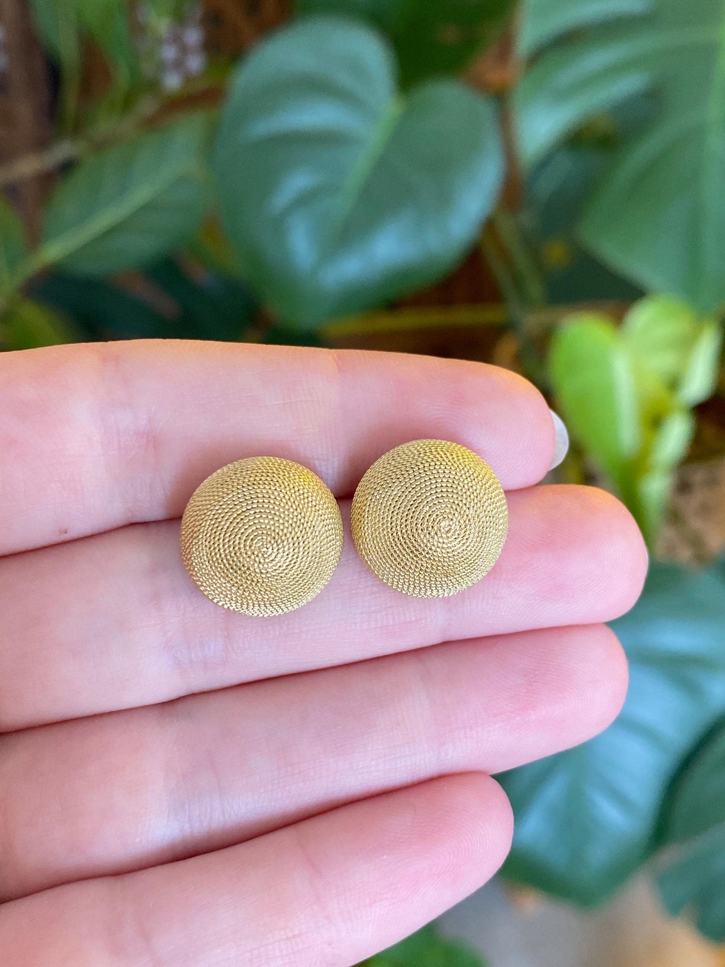 Vintage Solid 18k Yellow Gold Large Textured Domed Stud Earrings