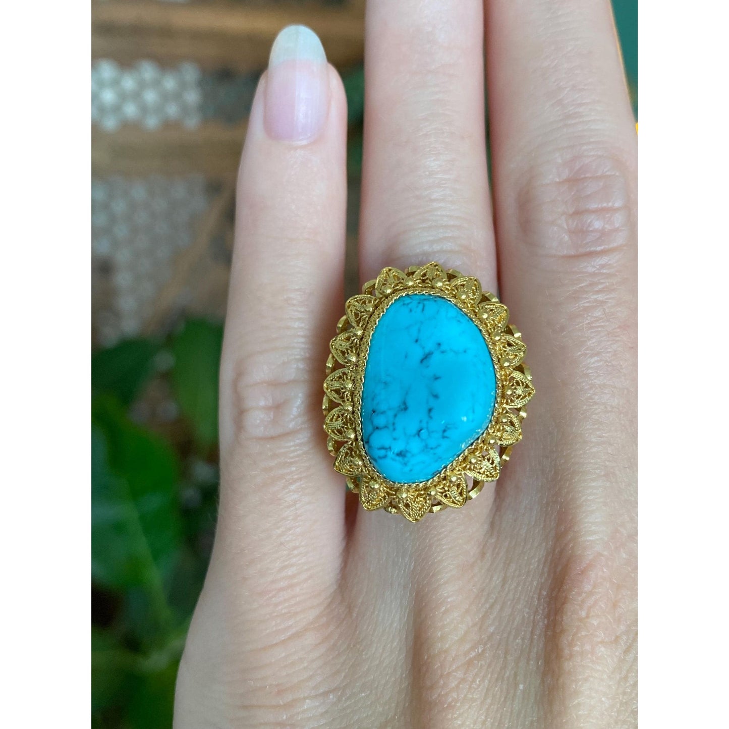 Vintage Solid 14k Yellow Gold Turquoise Ring - Size 4.5