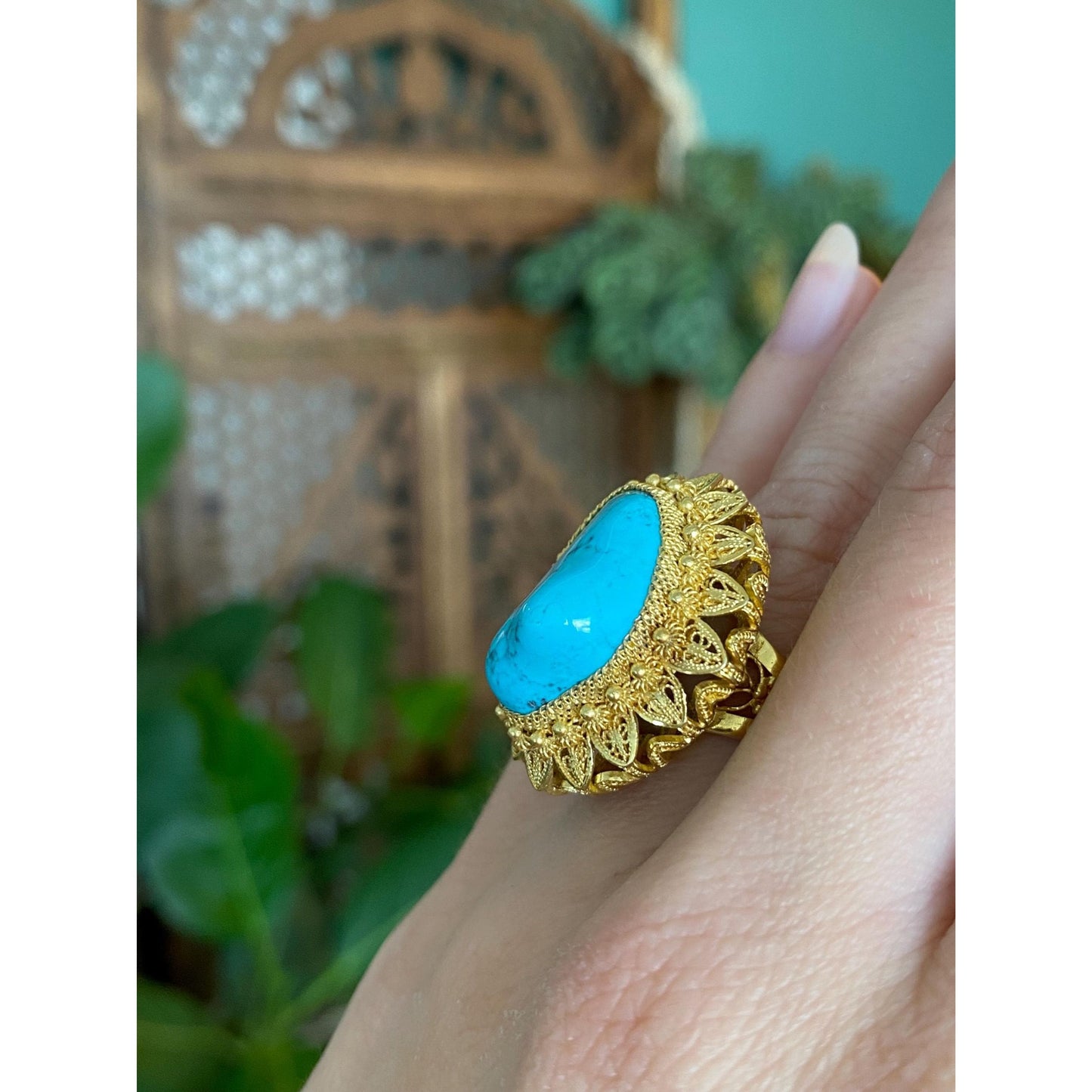 Vintage Solid 14k Yellow Gold Turquoise Ring - Size 4.5