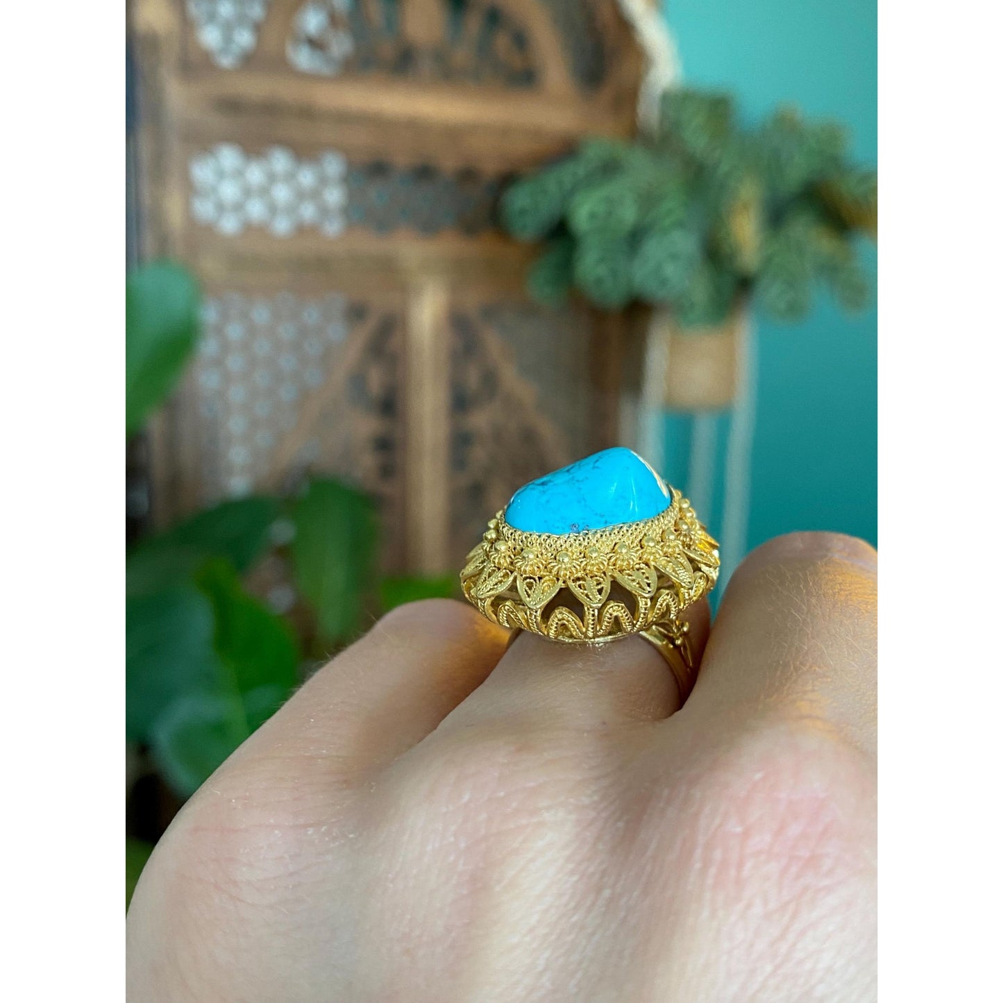 Vintage Solid 14k Yellow Gold Turquoise Ring - Size 4.5