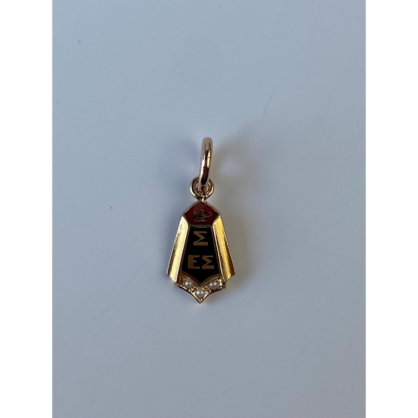 Vintage Solid 10k Yellow Gold Black Enamel Seed Pearl Fraternity Charm